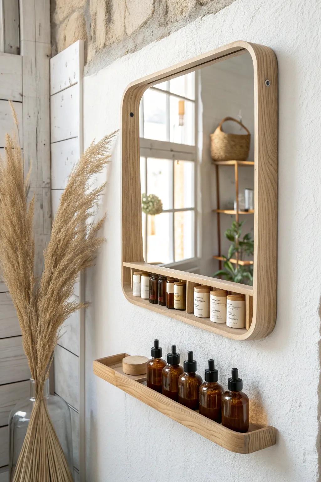 Mirror-backed birch shelf that doubles light and makes small retail displays feel larger.