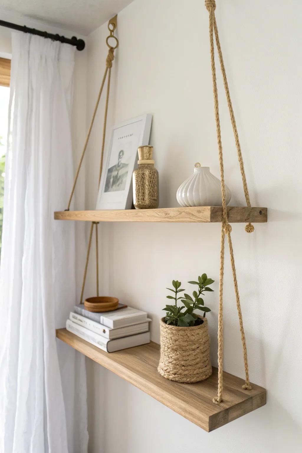 Ceiling-hung oak shelf nook—airy storage for your favorite reads in the tiniest corner.