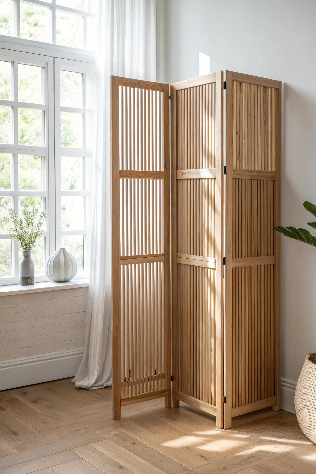 A light oak slatted divider creates a serene baby nook without darkening your bedroom.