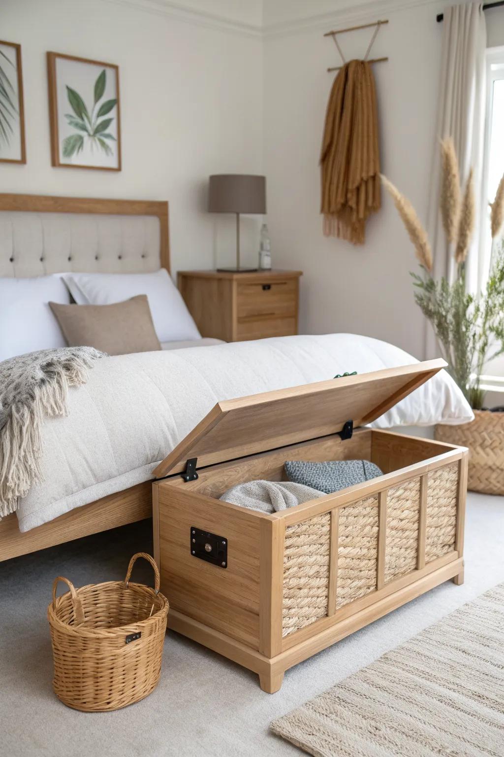 Lift-top oak bench with hidden pull-out hamper—minimal, tidy, and perfect for bedroom sorting.