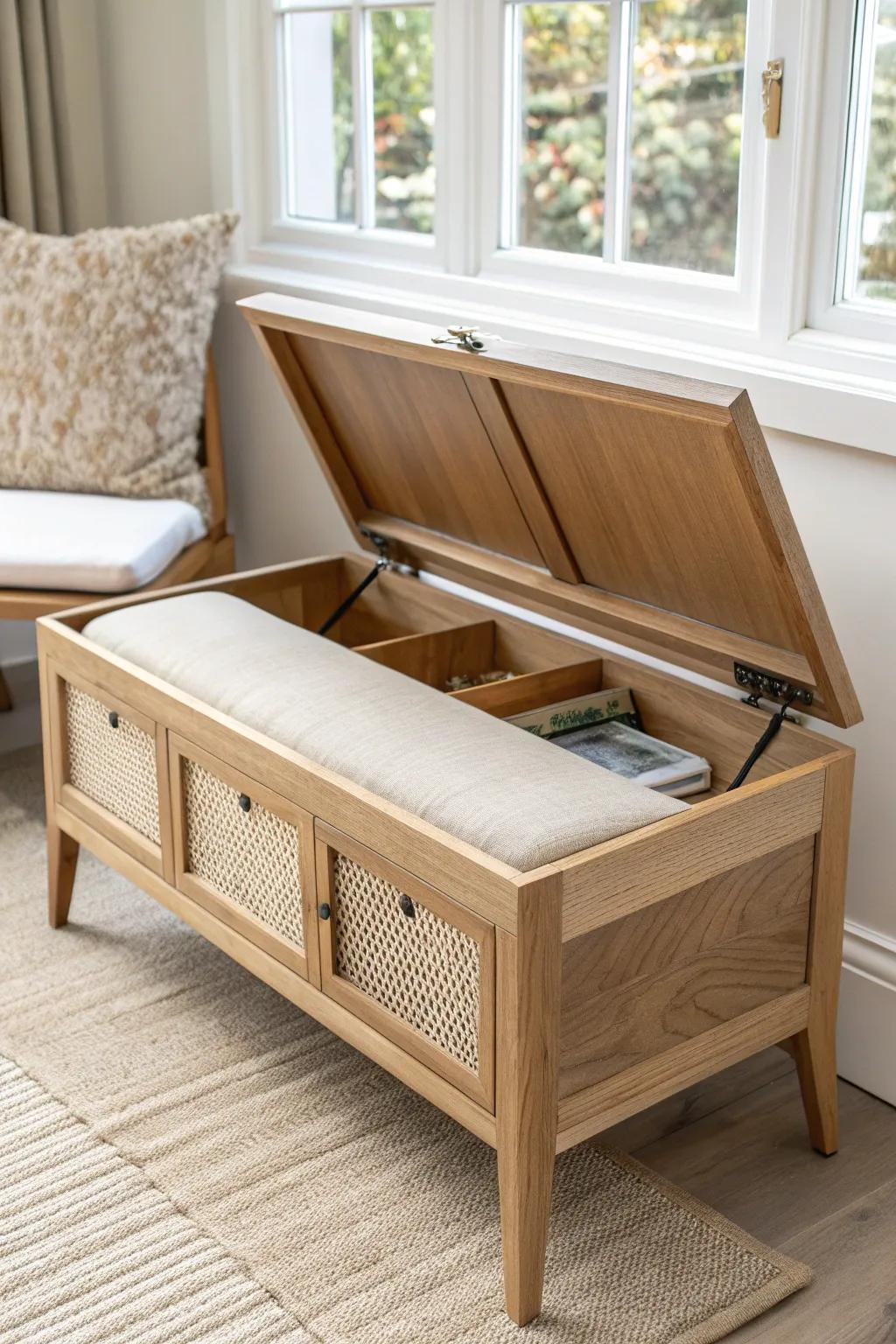 A flip-top storage bench that becomes a sunroom desk—pretty closed, productive open.