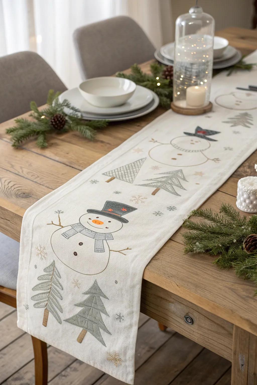 Embrace the season with a handcrafted snowman table runner that brings warmth and simplicity to your dining space.