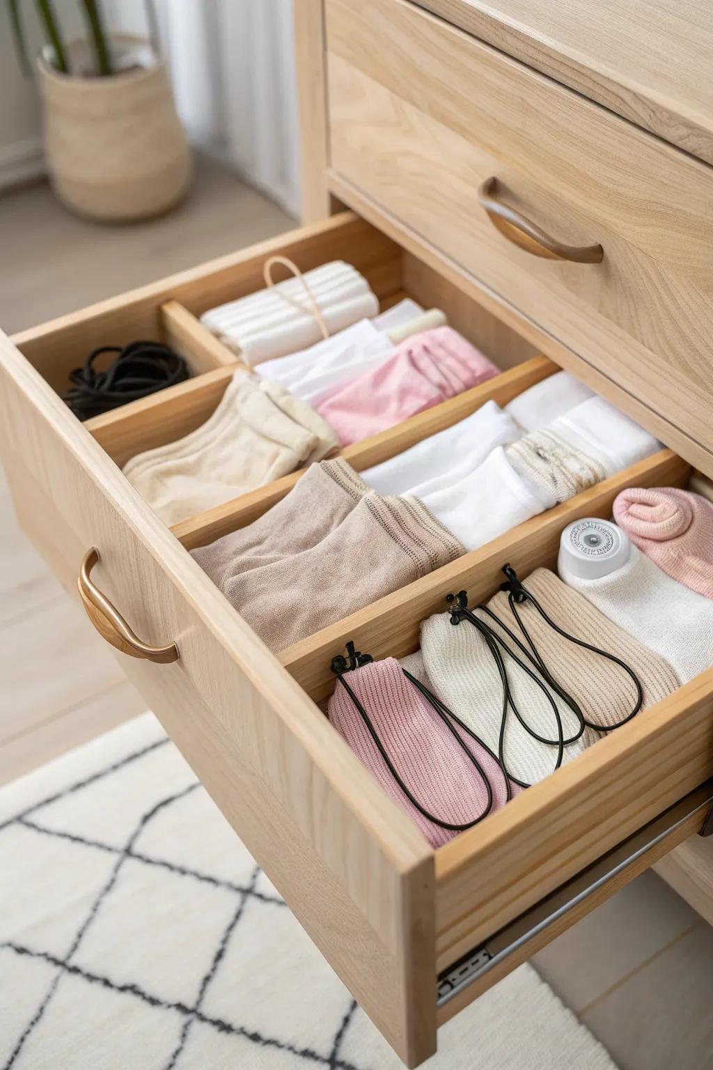 Elevate your sock storage with a chic and effective bungee cord system, blending simplicity and style.