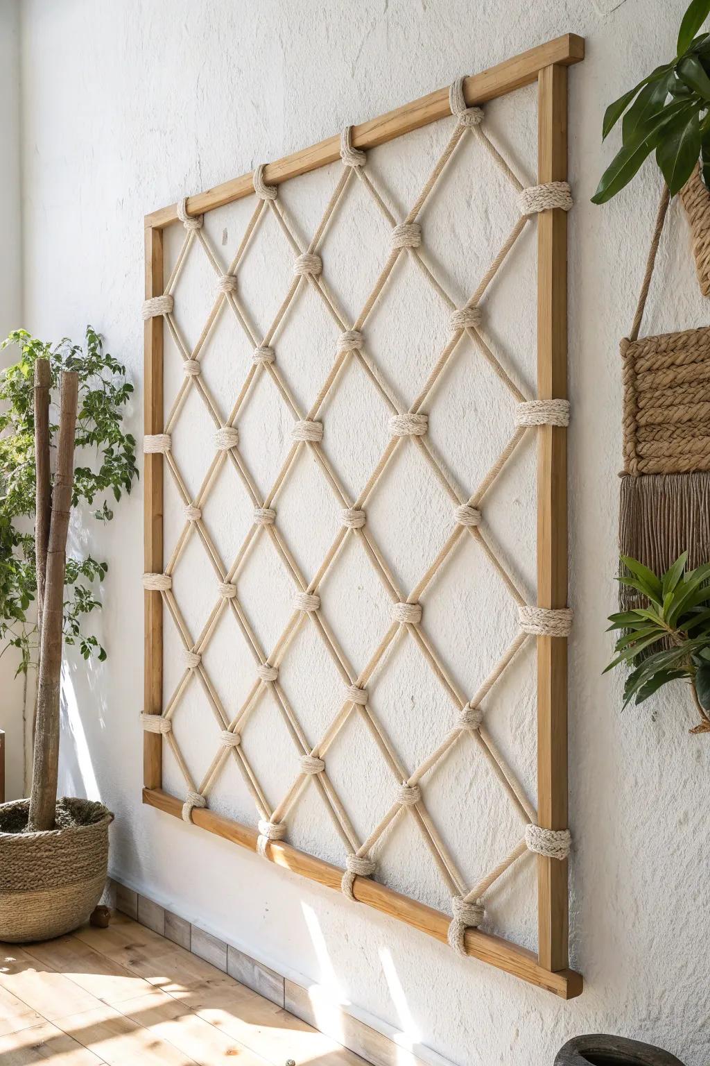 Oak grid with woven rope diamonds—Southwest-inspired texture in a clean, airy minimal style.
