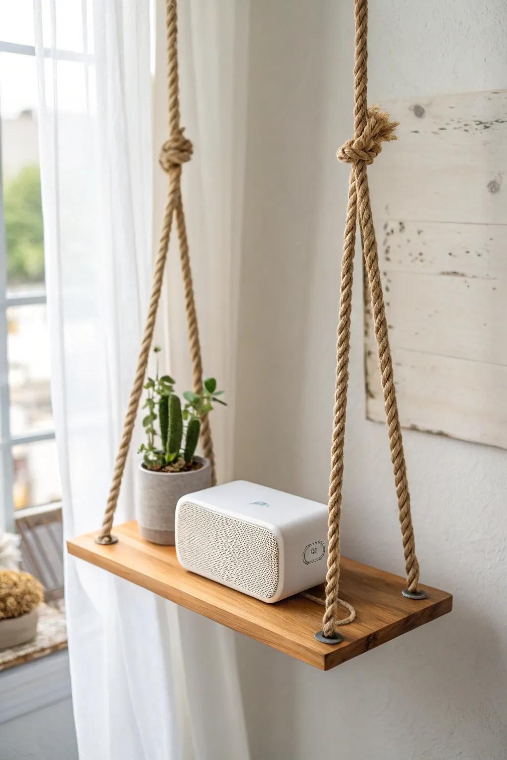 Rope-hung swing speaker shelf in light oak—minimal, boho, and a charming gentle sway.