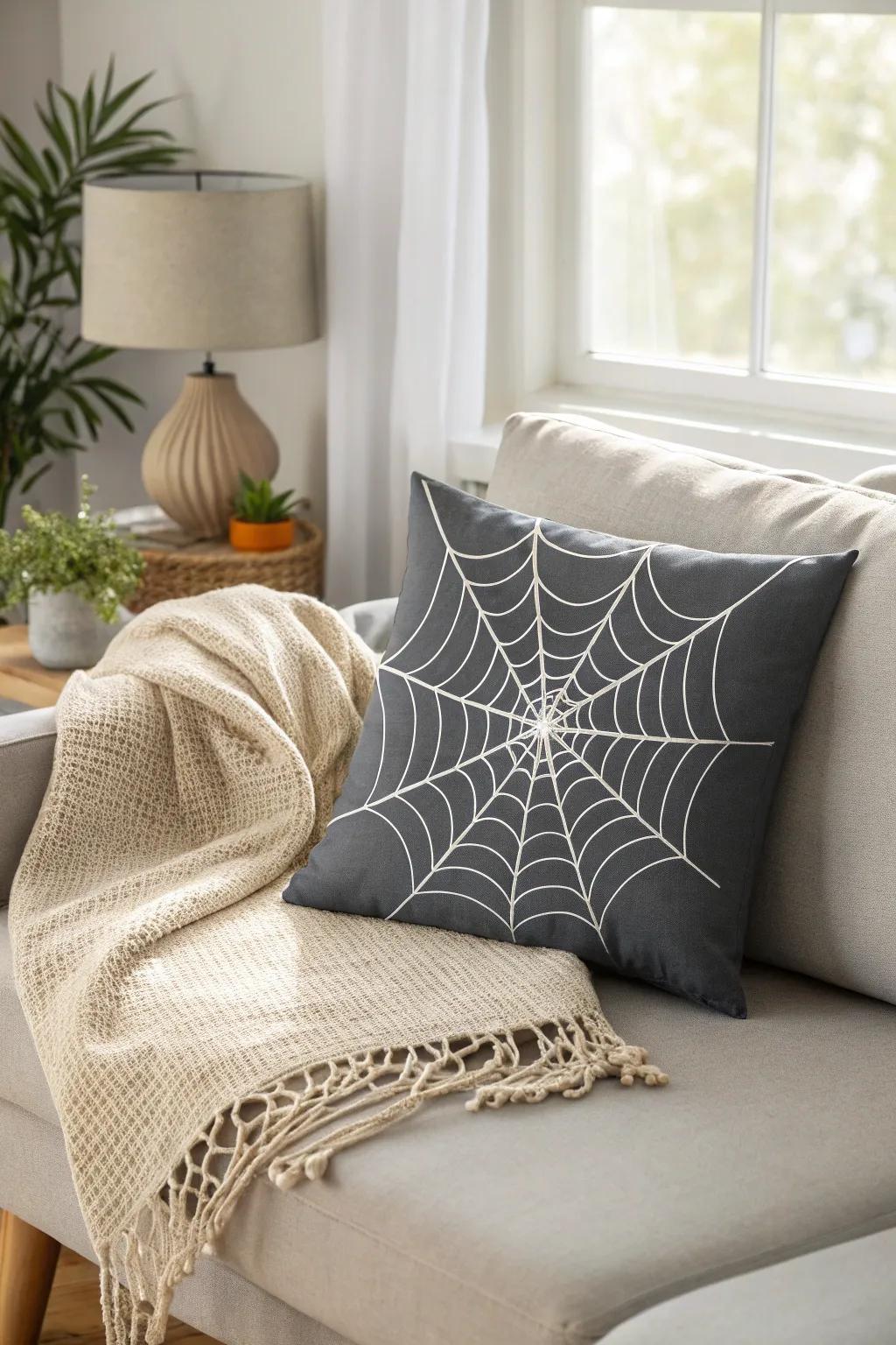 Add a touch of cozy elegance with spiderweb pillows, blending minimalist design with a hint of boho charm.