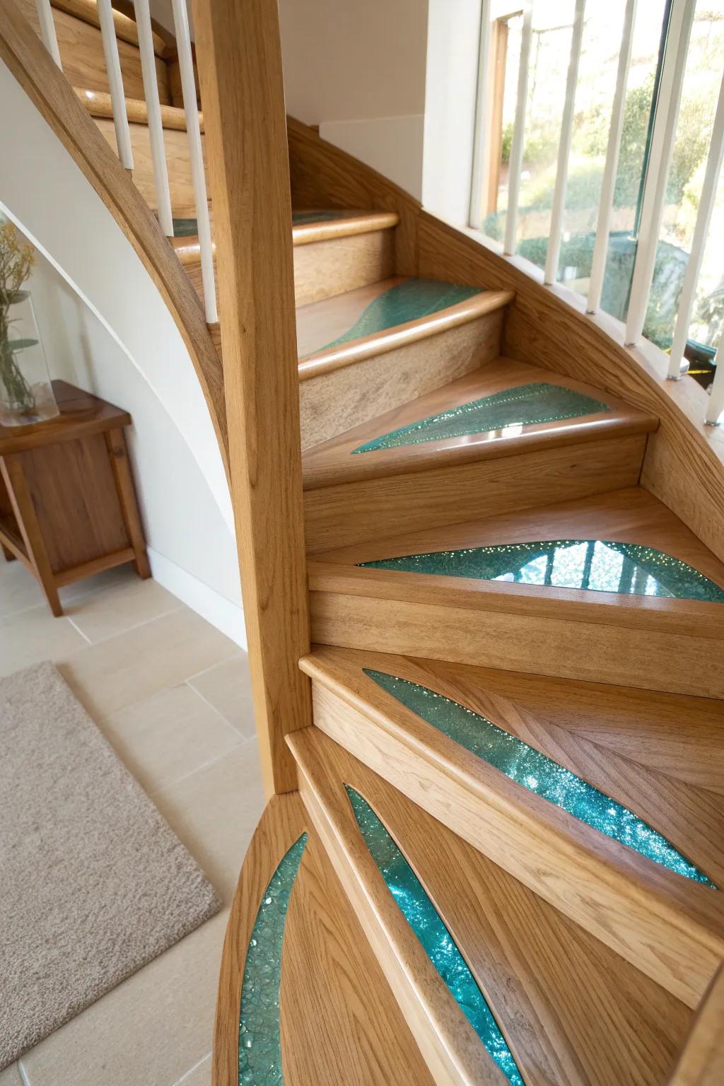 Glossy resin “river” inlays on select spiral treads for a modern rustic, custom glow.