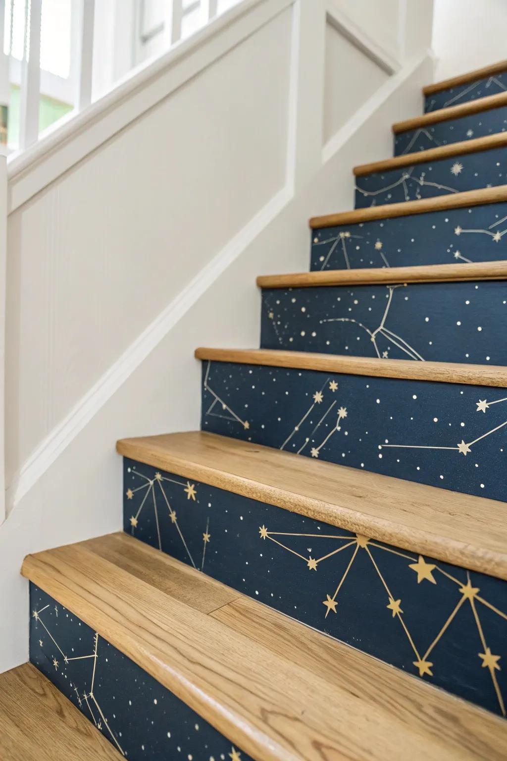 Midnight navy risers with delicate constellations—turn your staircase into a quiet night gallery.