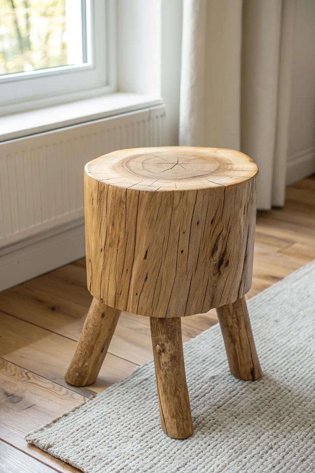 Rustic meets minimal: a sealed tree stump stool with a smooth, ringed seat and soft boho calm.