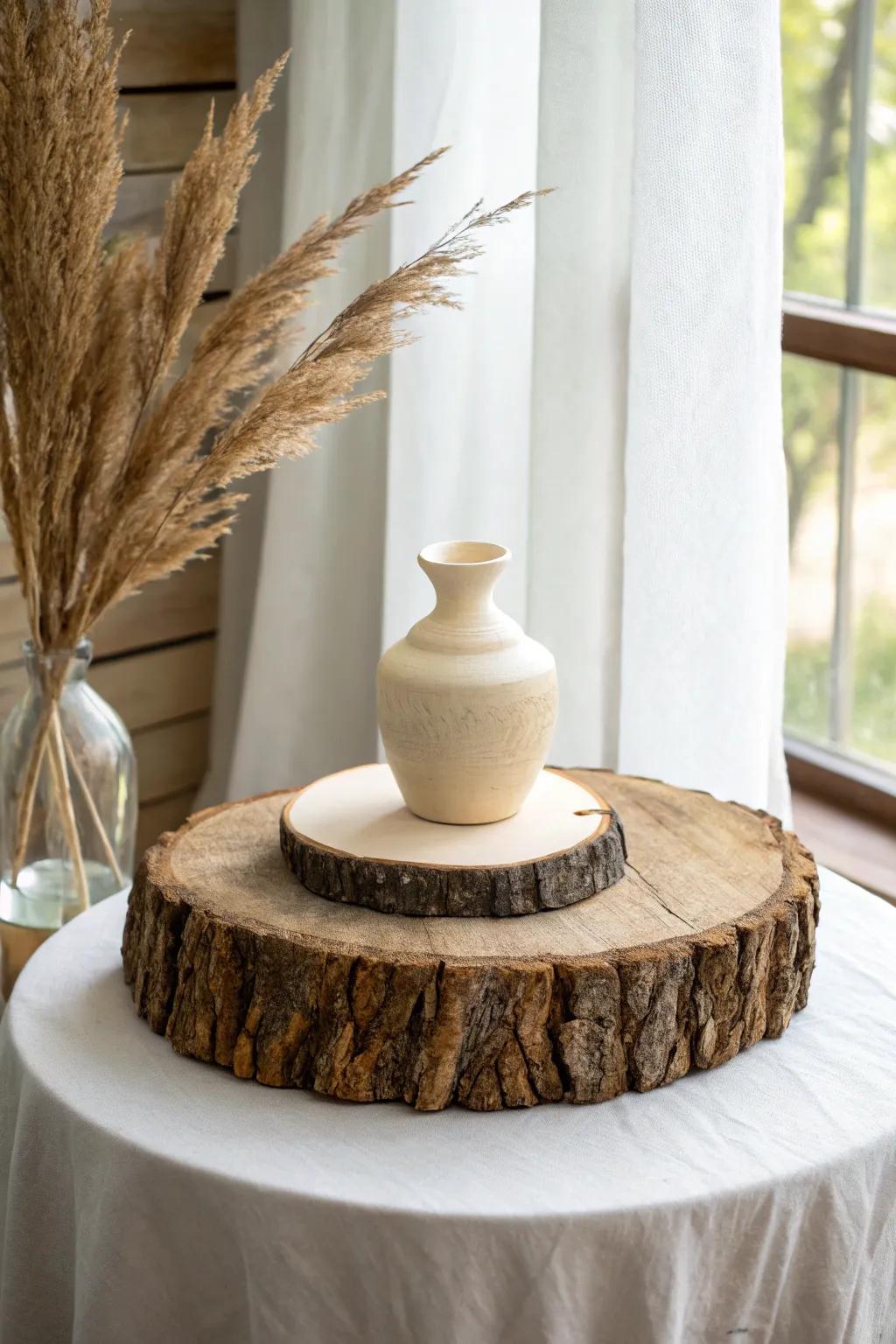 Live-edge wood slice pedestals add rustic height—like a tiny woodland gallery on your table.