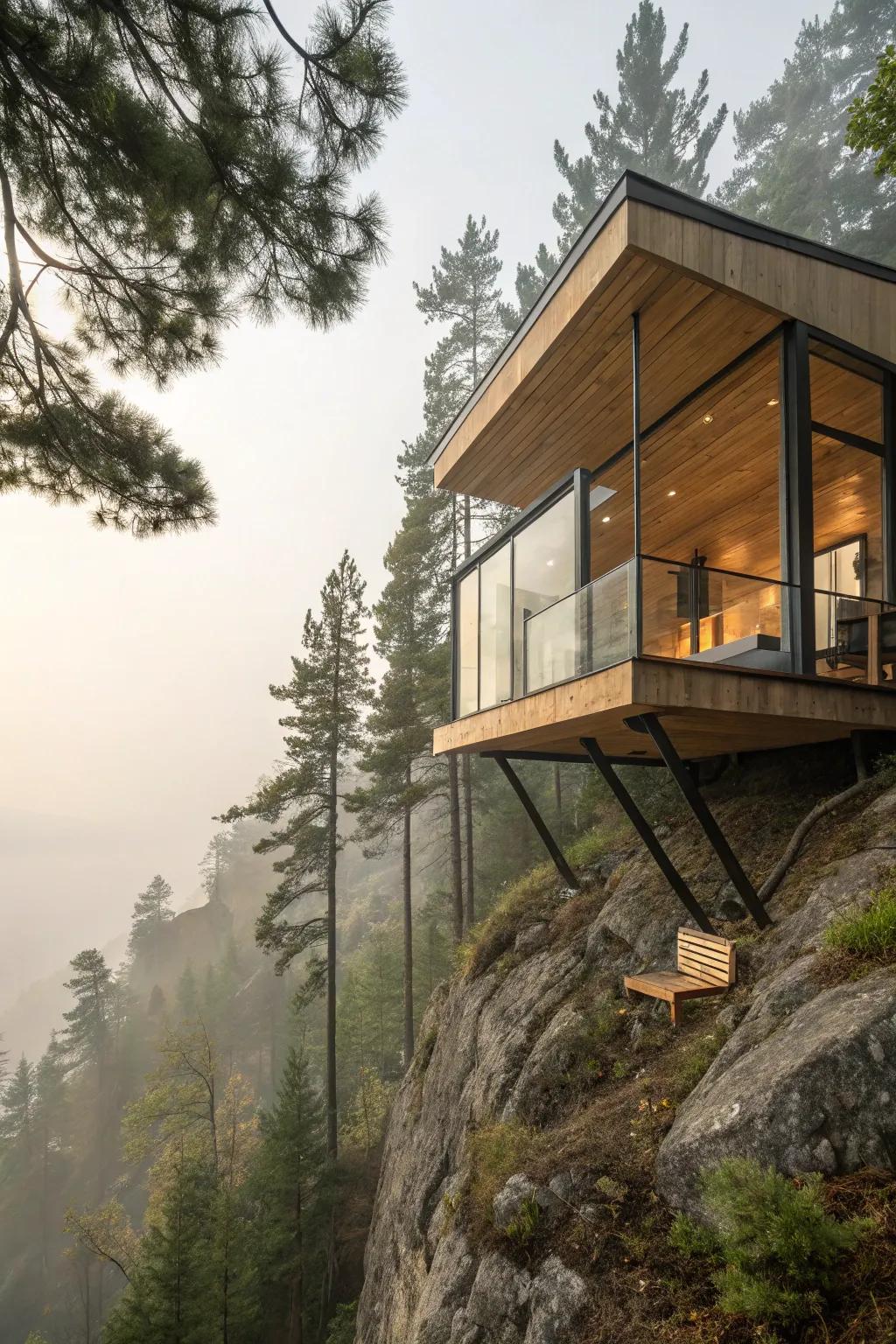 A daring cantilever cabin in the pines—clean lines, warm wood, and cliffside views.