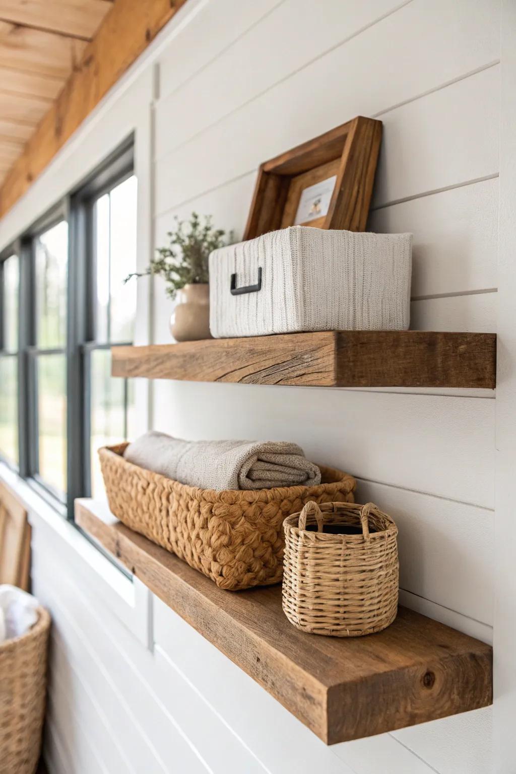 A faux wood beam shelf hides a lift-off cubby—tiny-home storage that looks structural.