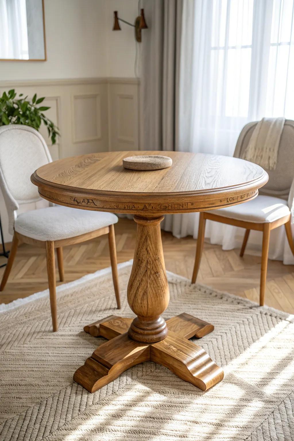 A hand-built pedestal table that turns a sunny corner into the coziest conversation nook.