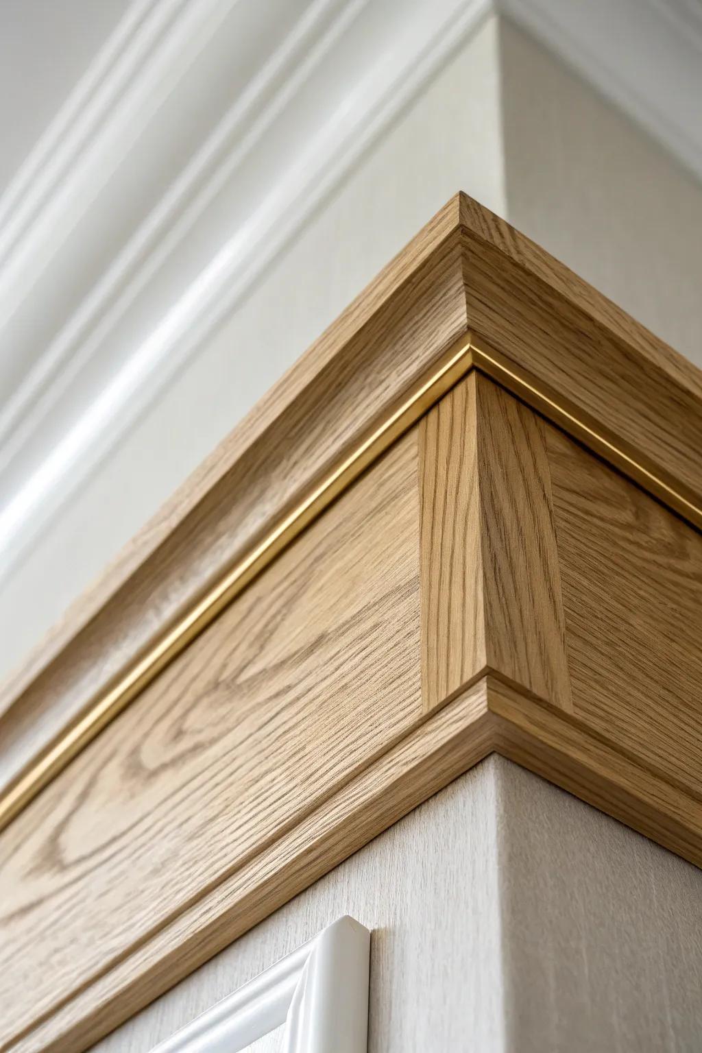 Warm oak tray ceiling trim with a slim brass inlay—modern sparkle, handcrafted calm.
