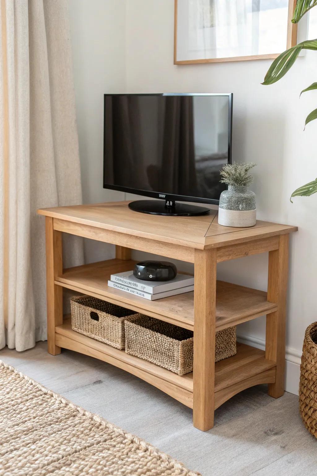 A sleek corner console with a lower shelf—space-smart, minimal, and beautifully handmade.