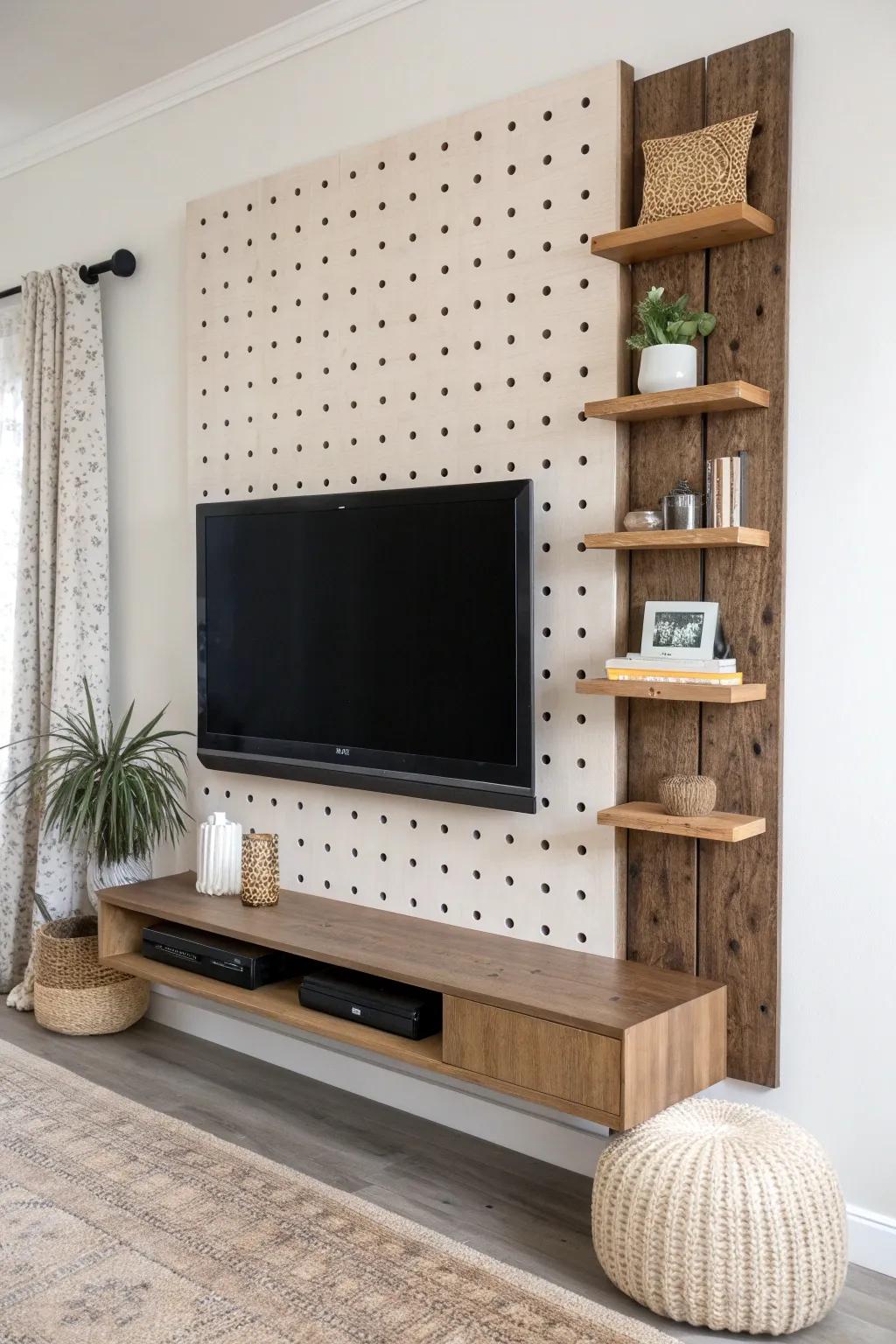 Stained-wood pegboard media wall with movable shelves—minimal, flexible styling for your TV zone.