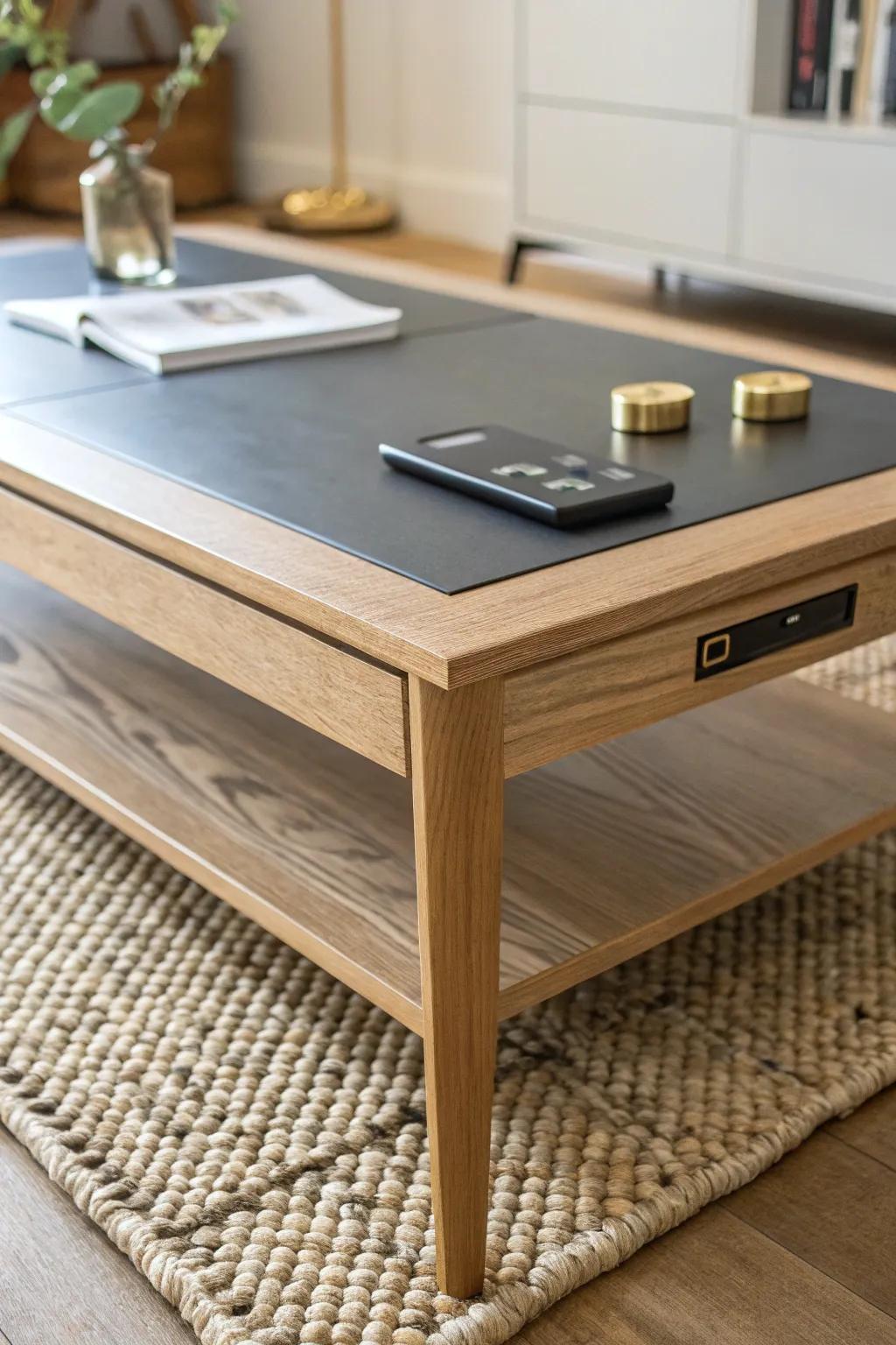 Magnetic under-table panel keeps remotes and a tiny flashlight neatly parked and always found.