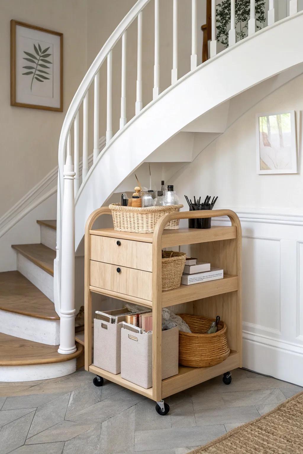 A rolling cart “garage” under curved stairs—built-in look, easy slide-out storage.