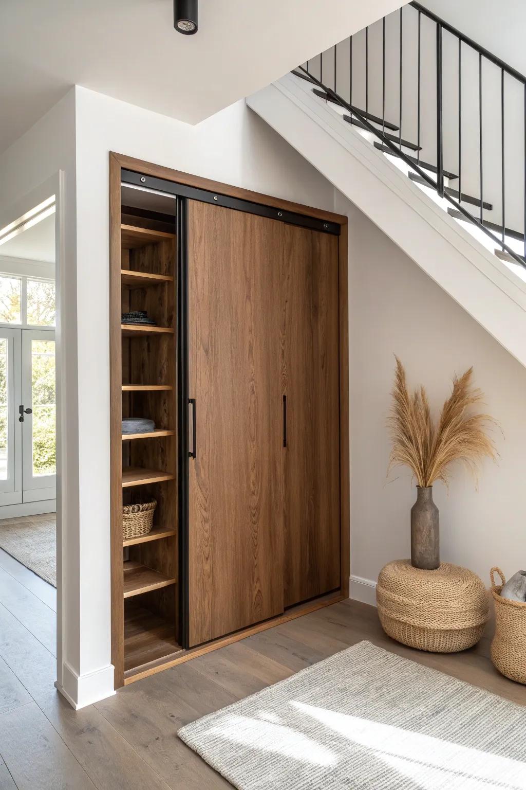 Space-smart under-stair storage: a warm stained wood sliding door for a cozy, clean hallway.