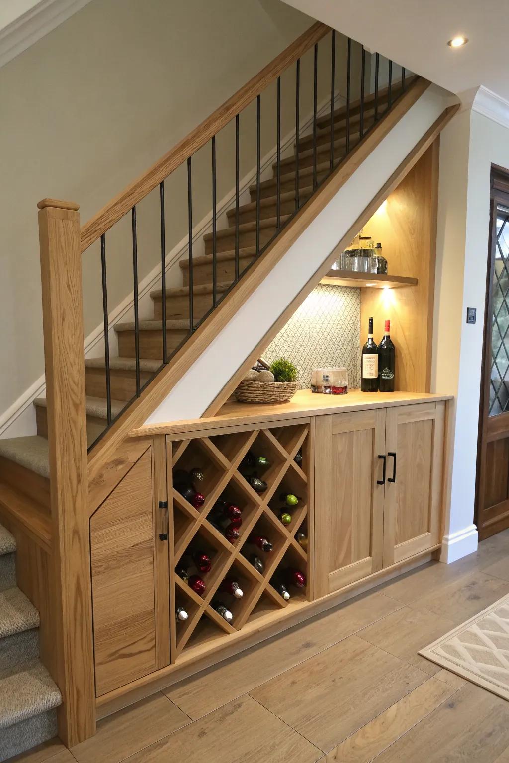 Angled under-stairs wine cubby in warm oak—diamond storage + soft lighting for instant wow.