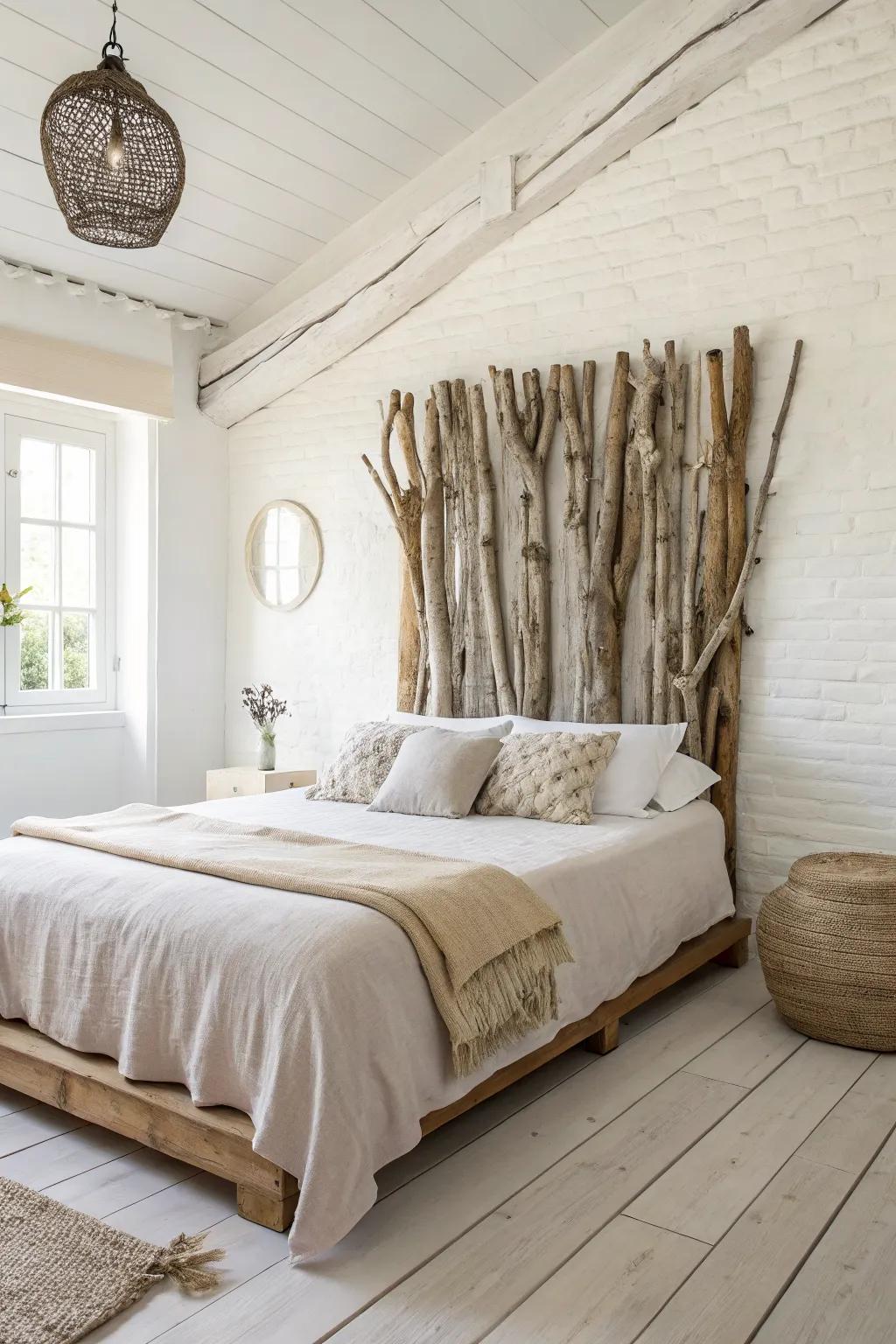 Sculptural driftwood cluster headboard—organic texture that turns your bed into art.