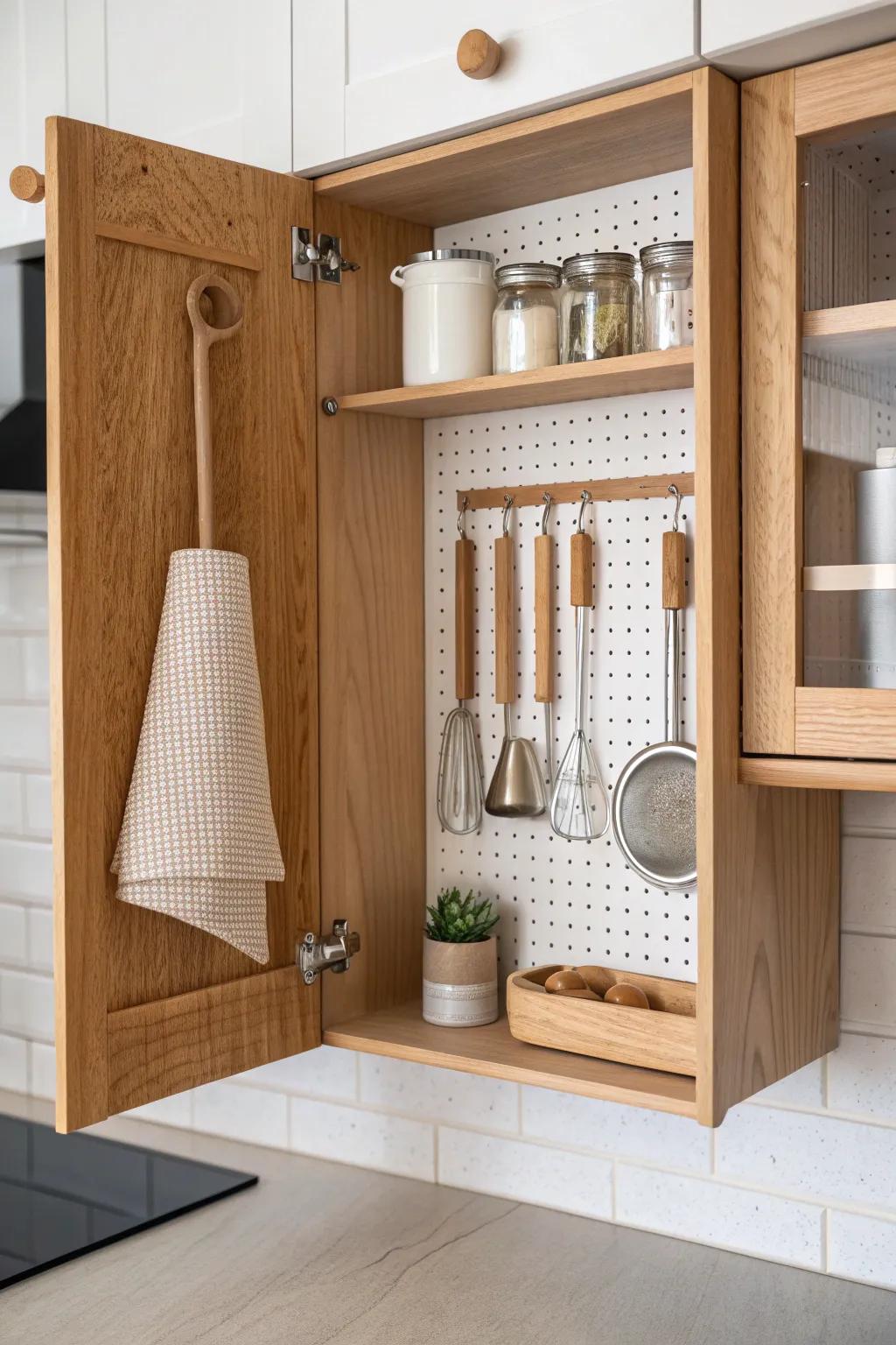 Turn the corner cabinet back wall into grab-and-go storage with a removable pegboard.