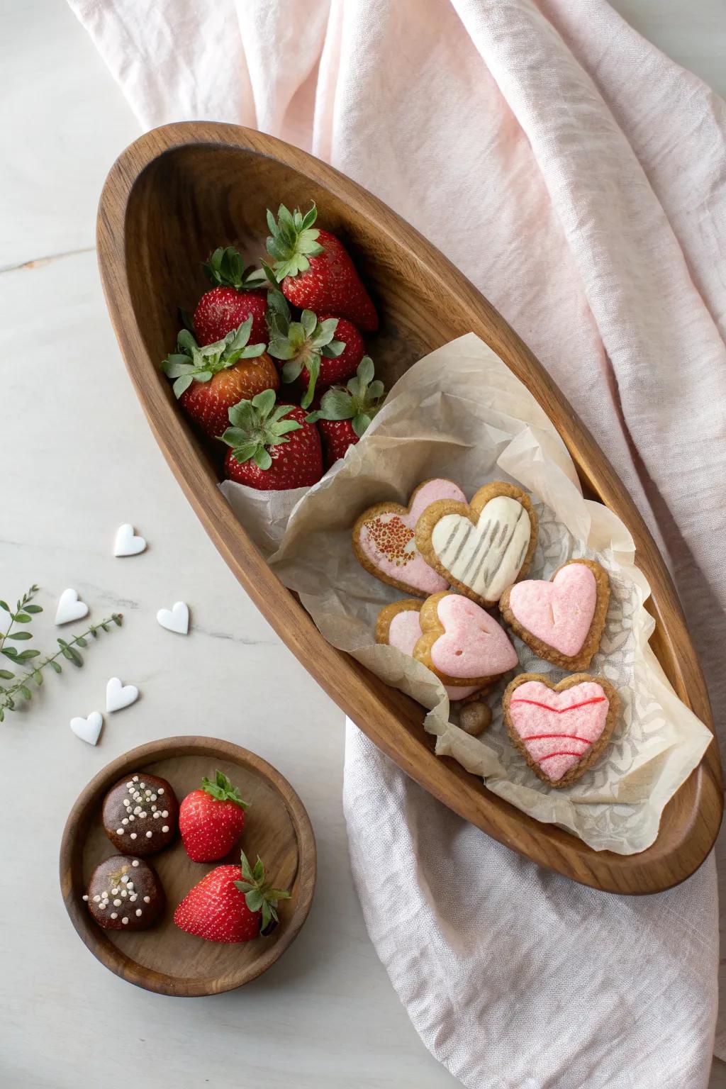 Charcuterie-style Valentine dough bowl with strawberries, heart cookies, and wrapped treats.