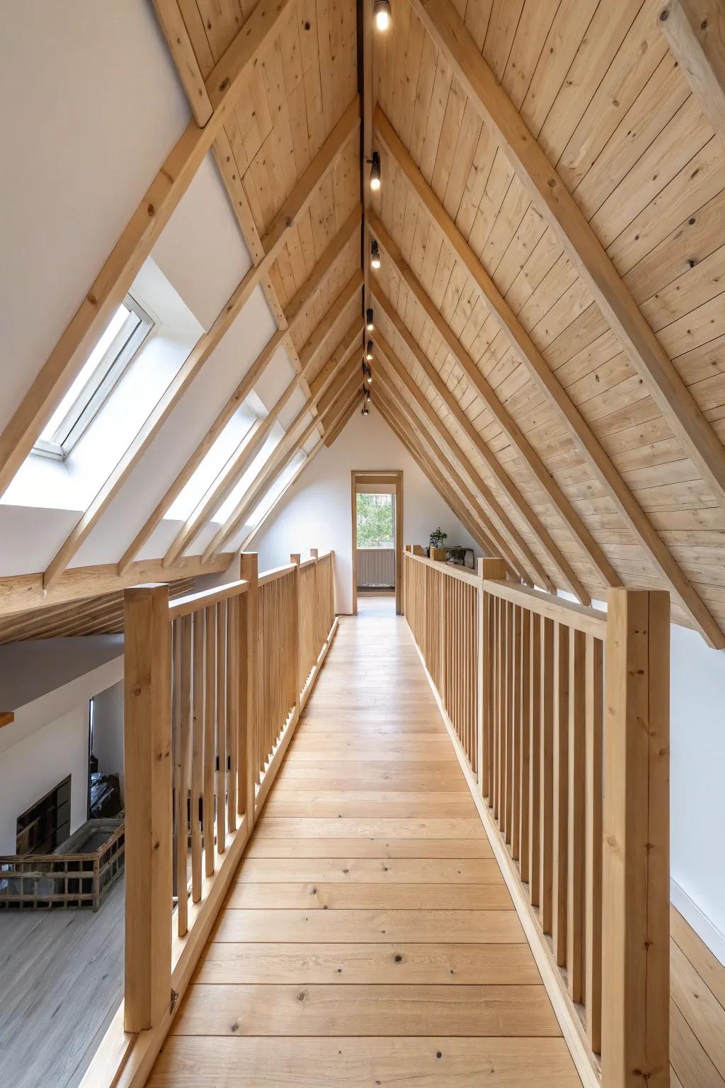 A slim oak bridge walkway adds unforgettable drama to an airy vaulted-ceiling loft.