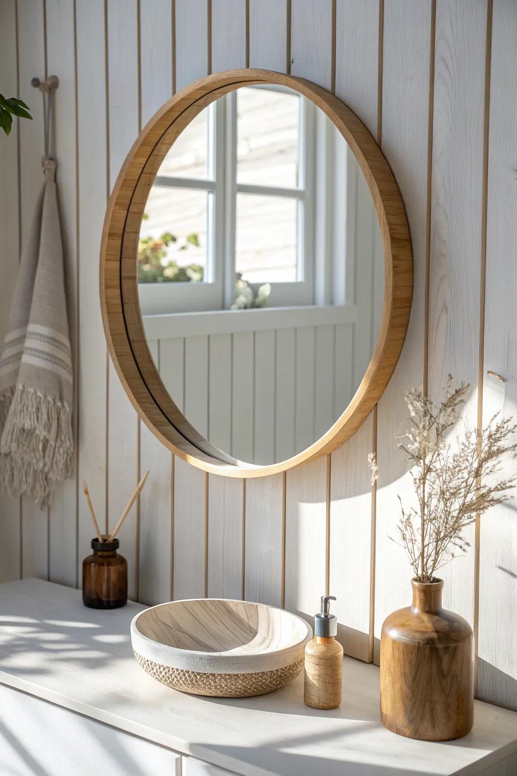 Vertical shiplap “frame” behind the mirror for a crafted focal point—minimal, warm, and airy.
