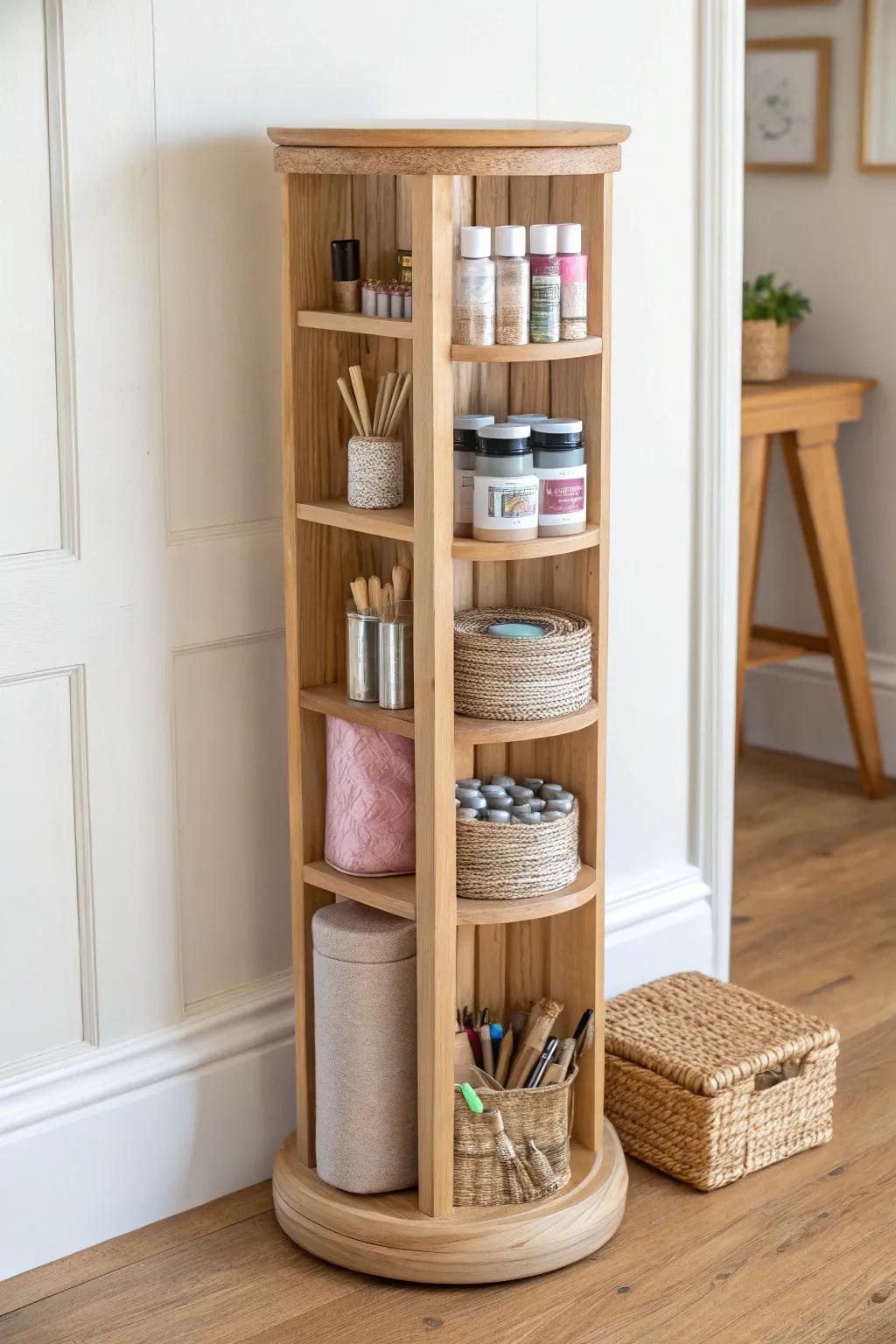 A slim rotating oak tower that stores paints and tools vertically—tiny footprint, big impact.