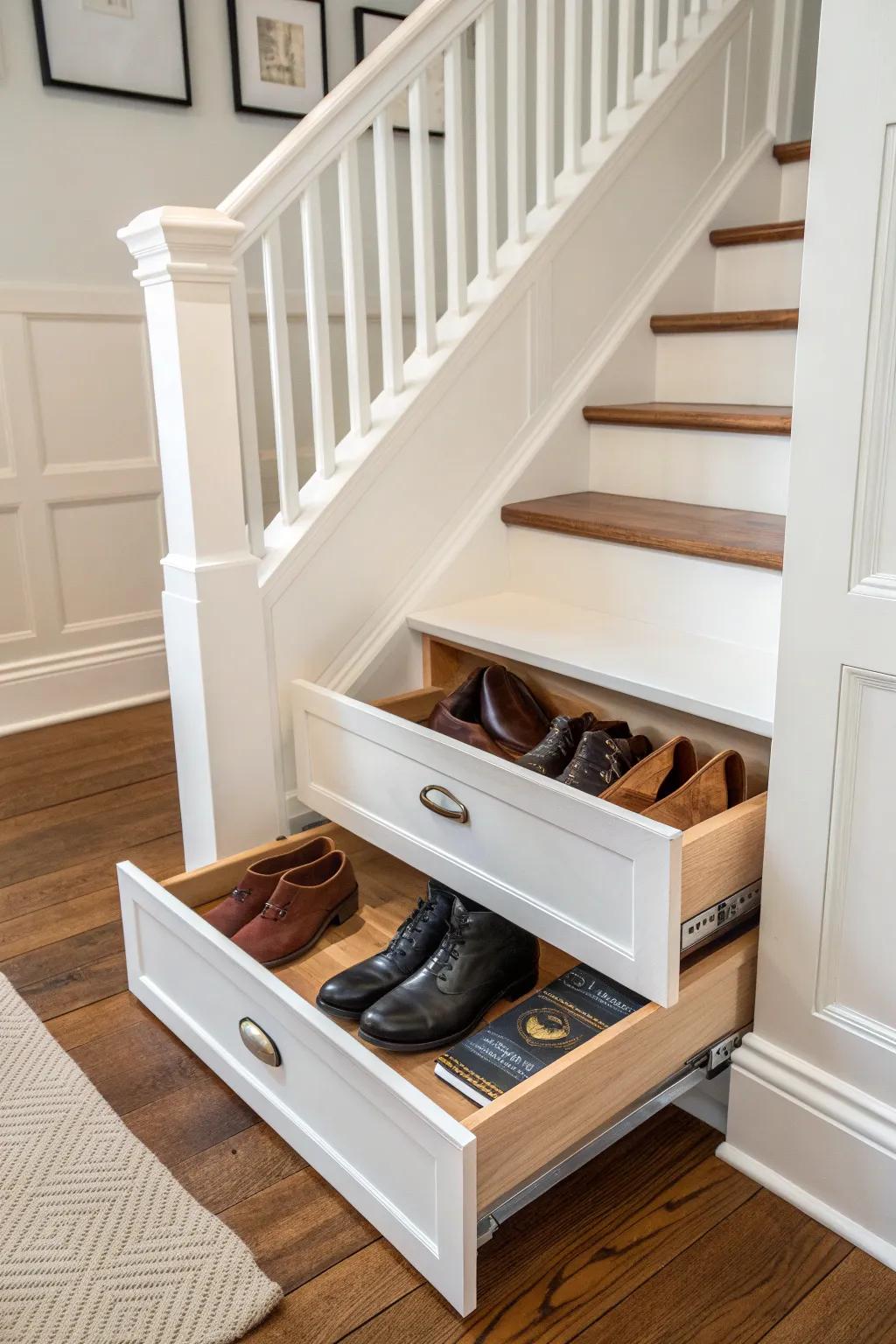 A Victorian-worthy baseboard drawer that hides shoes in plain sight—trim-perfect and tidy.