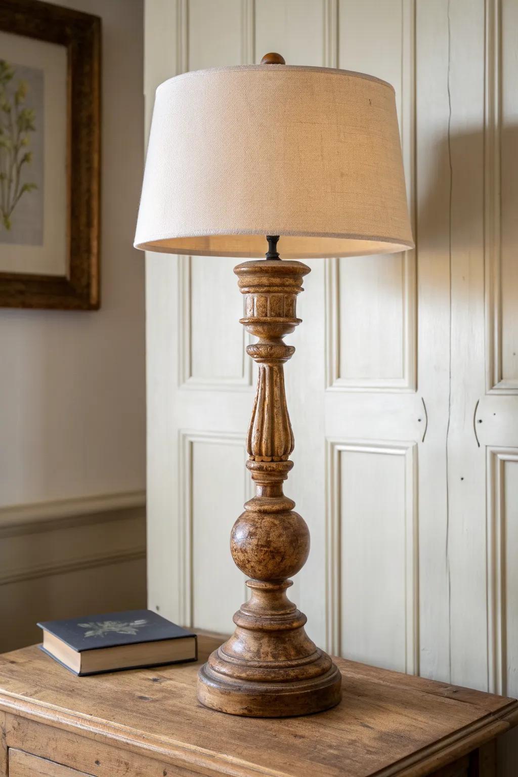 A salvaged Victorian baluster becomes a sculptural foyer lamp—warm wood grain, clean linen shade.