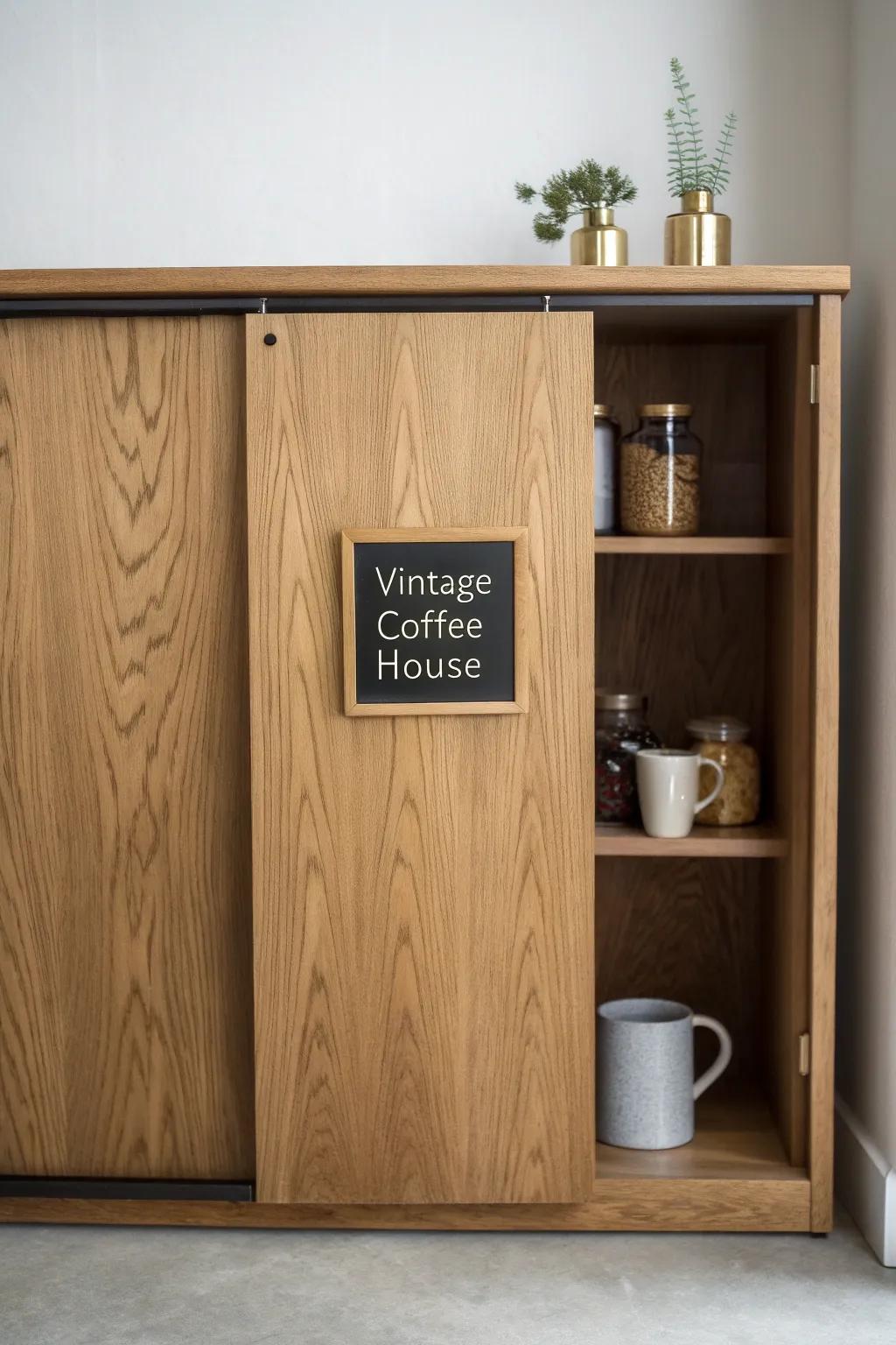 A sliding oak panel reveals a secret vintage coffee menu—speakeasy charm with minimalist craft.