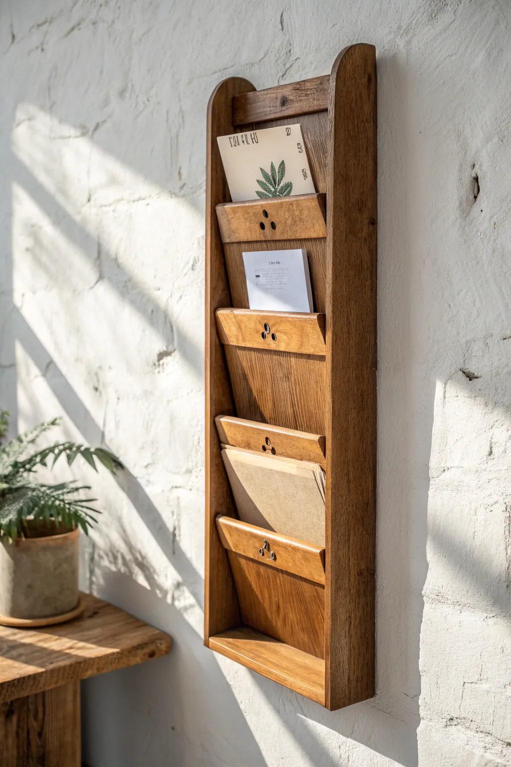 Wall-mounted vintage rack turns mail and recipes into beautiful vertical storage.