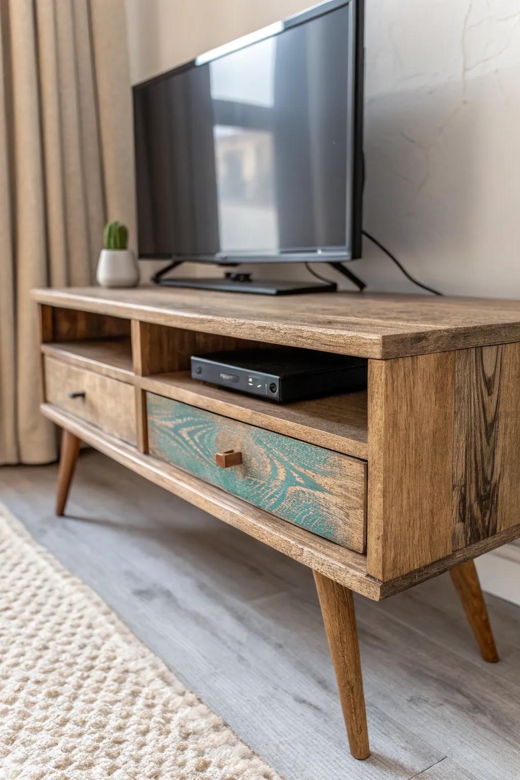 Vintage TV stand with resin “repair” inlays—weathered wood meets glossy contrast beautifully.