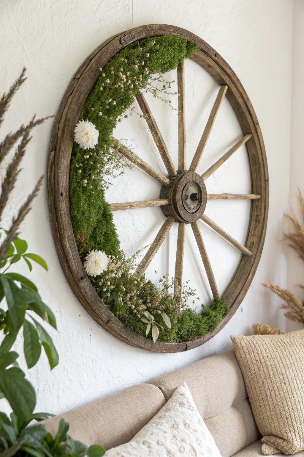 Preserved moss wagon wheel wall art: lush green texture meets rustic wood craftsmanship.