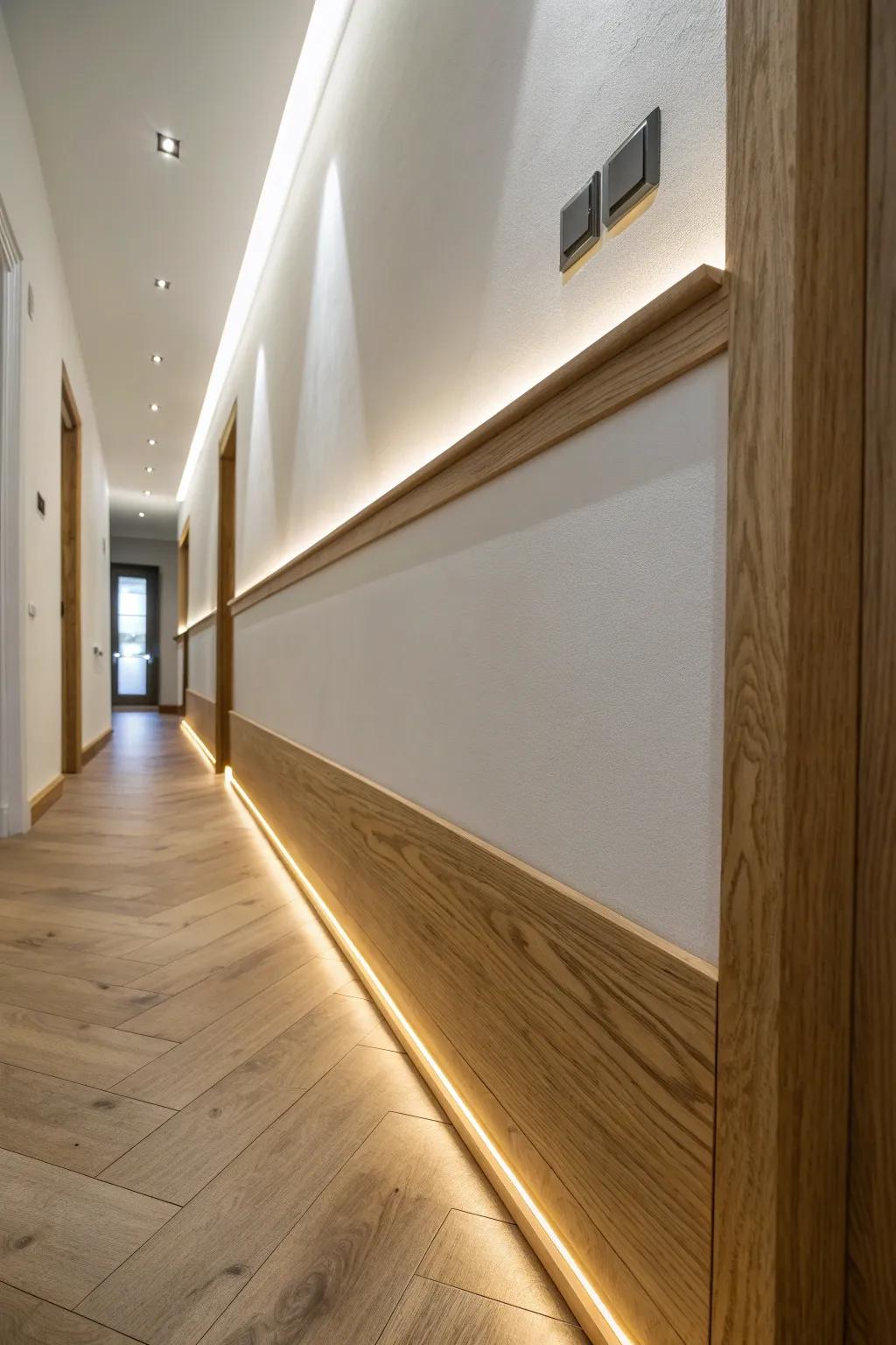Hidden glow border trim: a floating oak ledge that softly washes the wall with warm light.