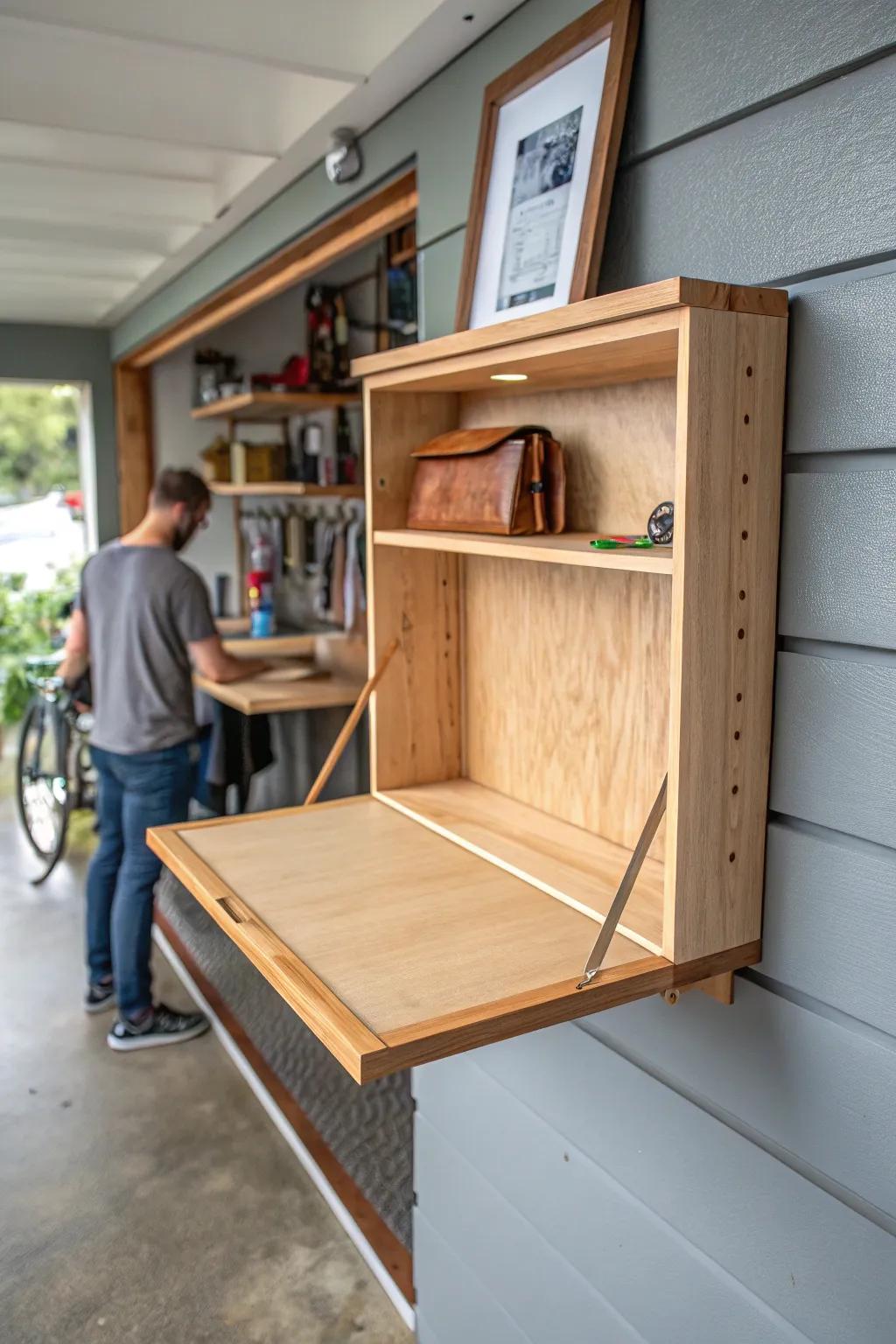 Flip-up wall shelf: sleek garage storage that disappears when you need extra walking room.