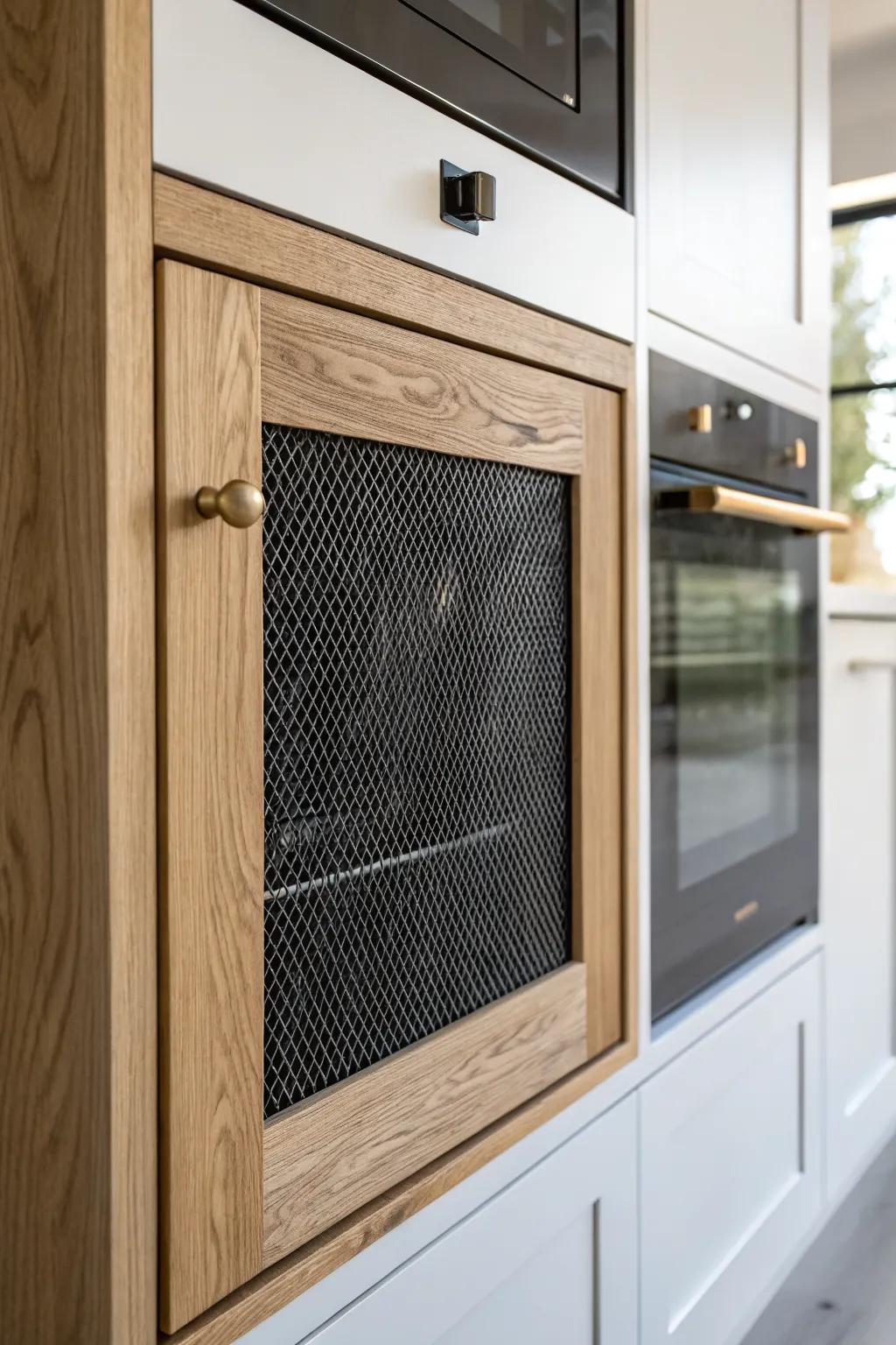 Light oak mesh-front upper cabinet door adds airy texture above a sleek wall oven.