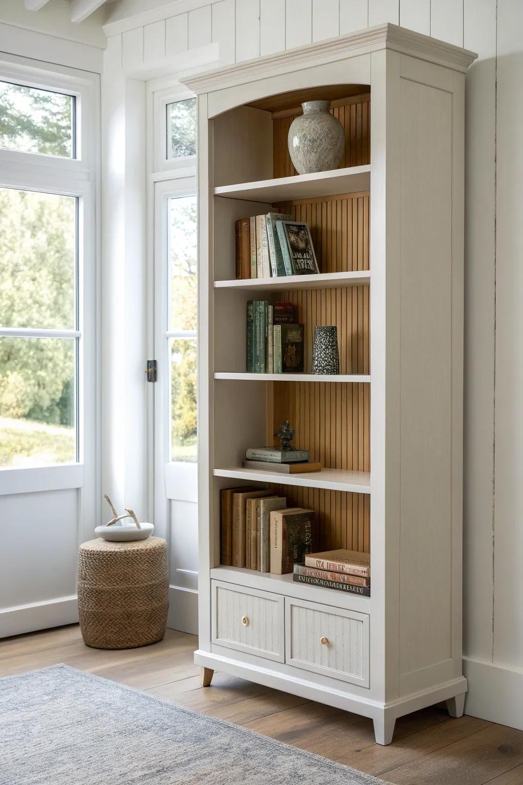 Trompe‑l’oeil woodgrain wallpaper adds instant warmth and depth to a simple painted bookcase.