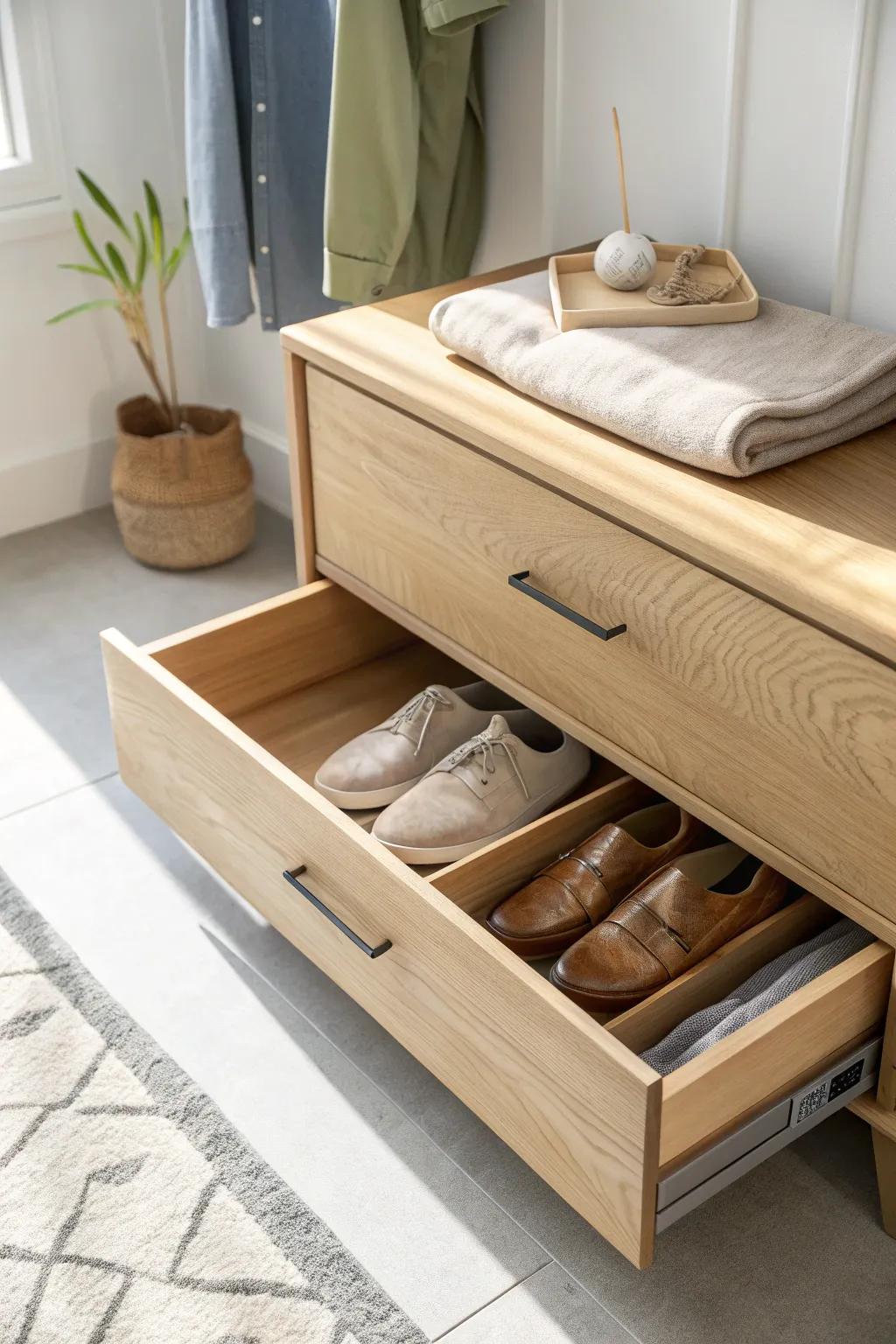 A hidden toe-kick drawer turns unused wardrobe space into sleek storage—pure wow.