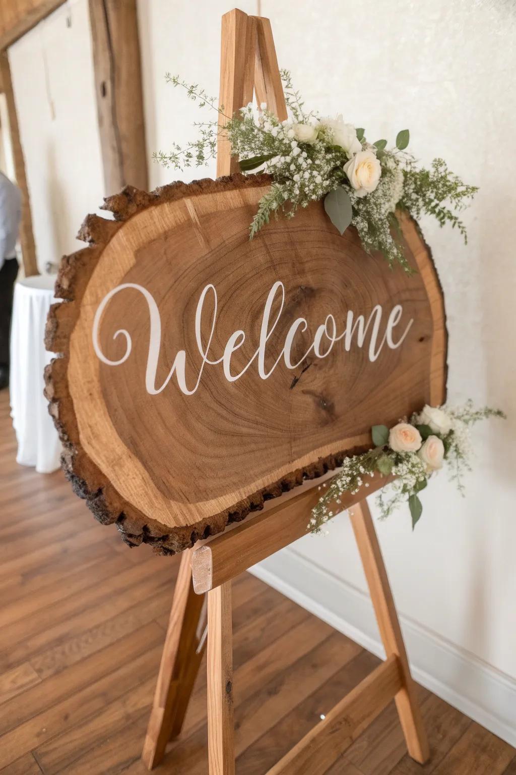 Live-edge slab welcome sign on a sturdy easel—natural grain + floral resin inlay wow.