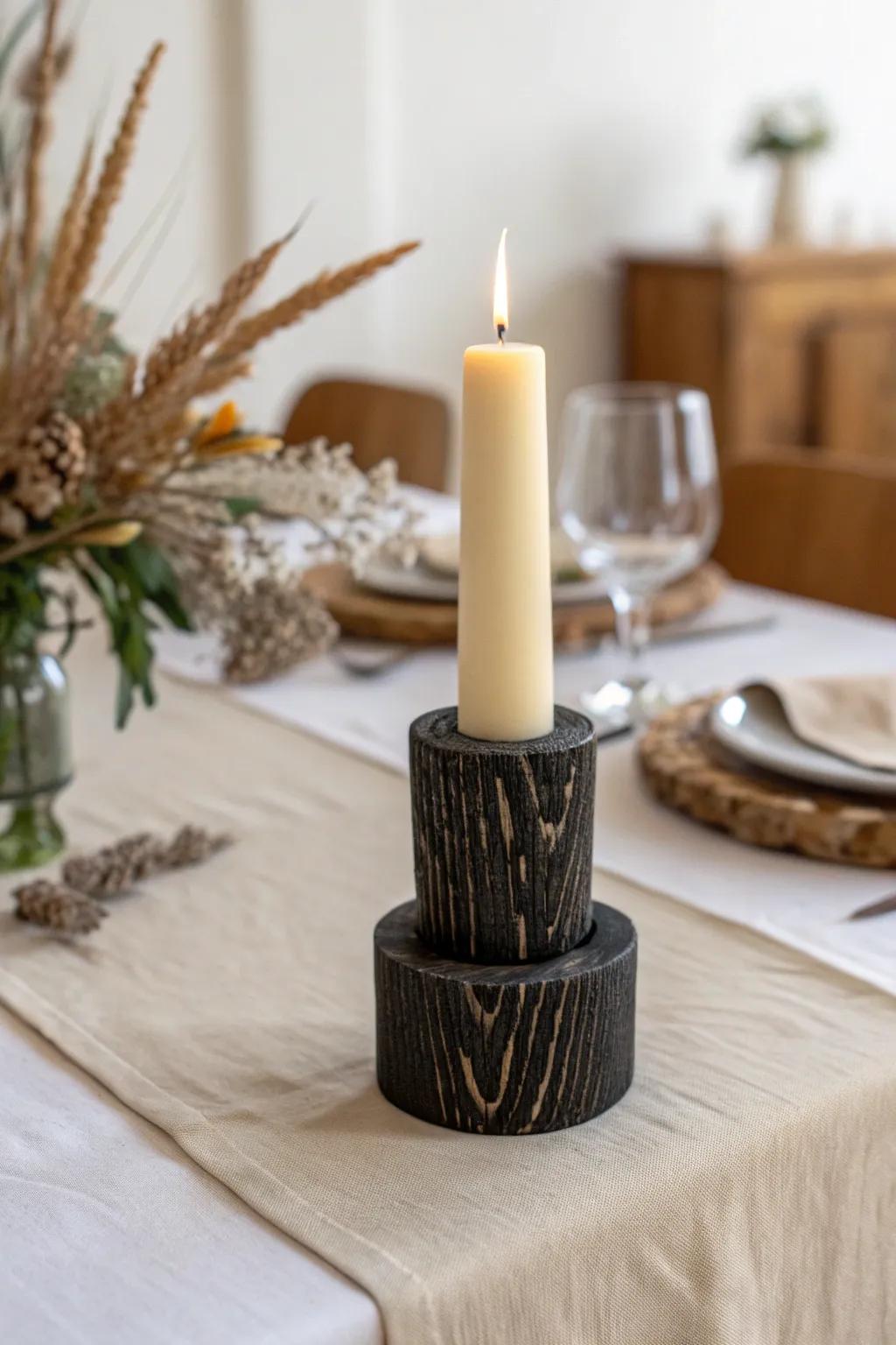 Moody romance: a charred-wood candle riser that makes ivory tapers glow with contrast.