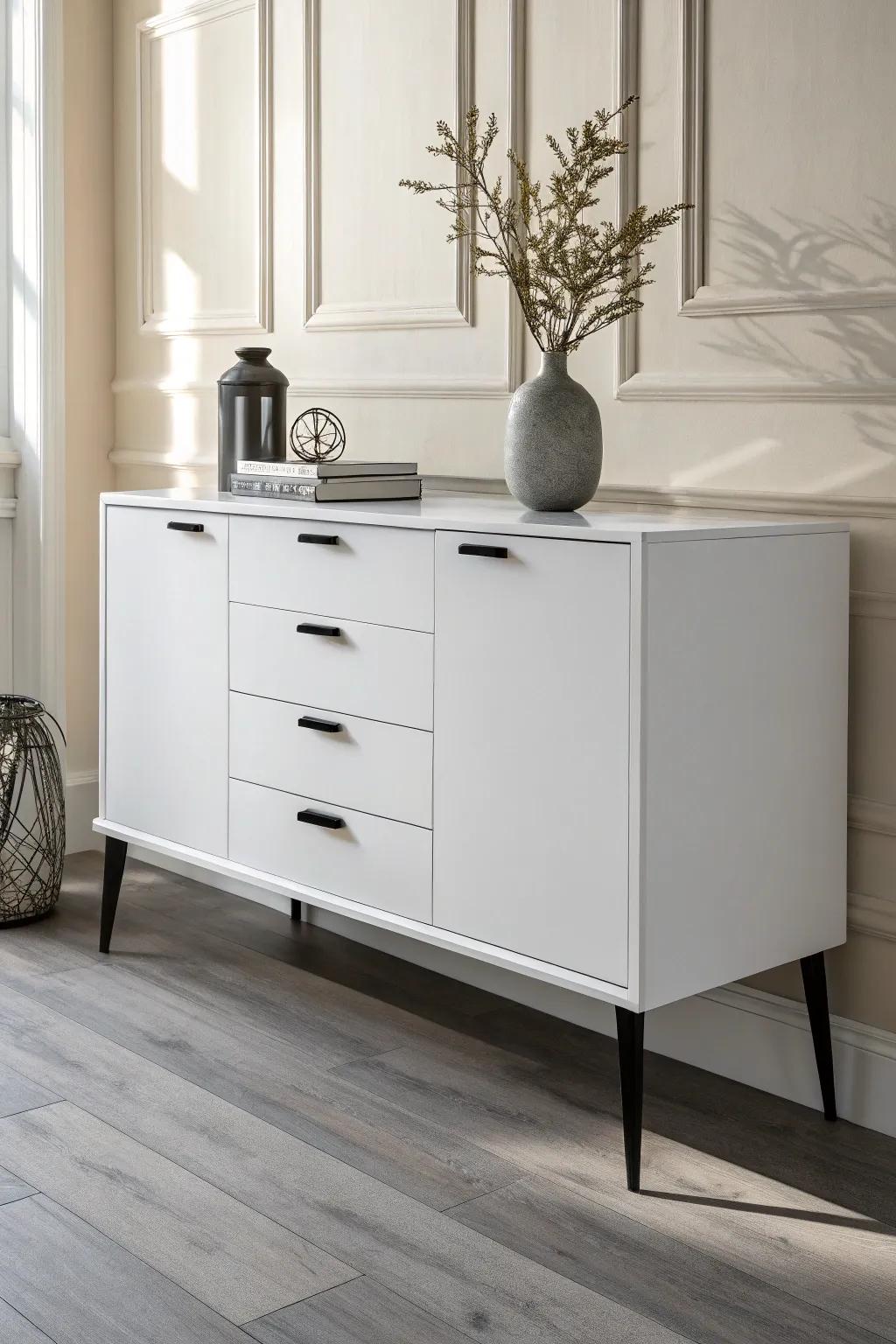 High-gloss white + black hardware pops beautifully against gray floors for a crisp built-in look.