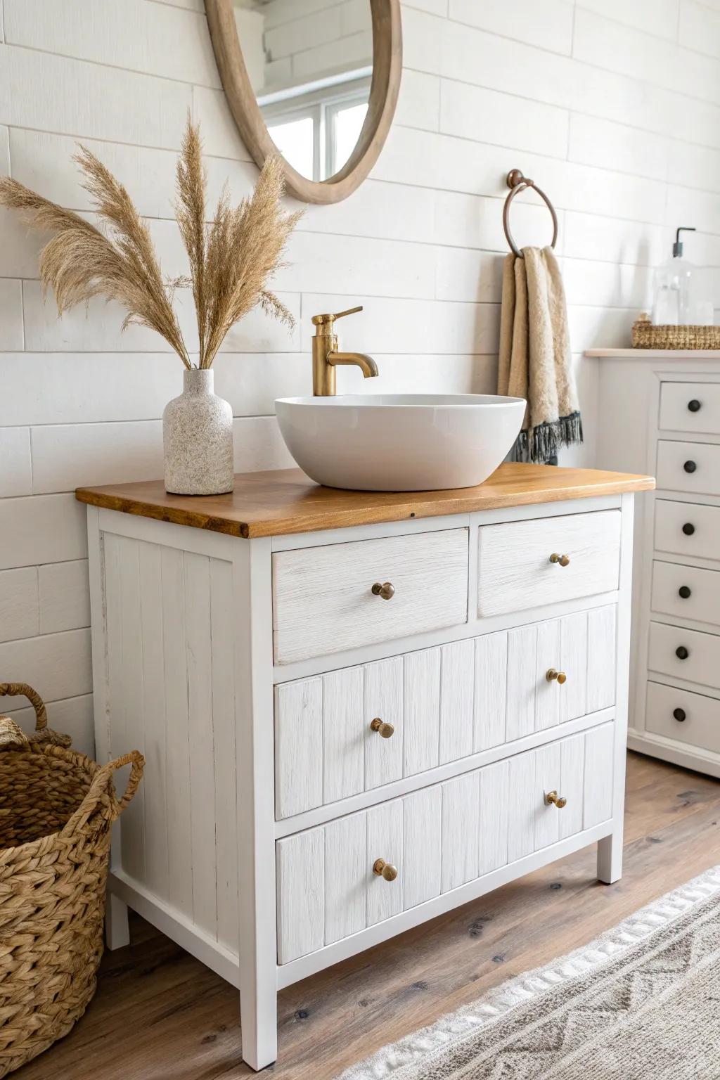 Upcycled dresser turned into a crisp white vanity—classic charm with drawers for days.