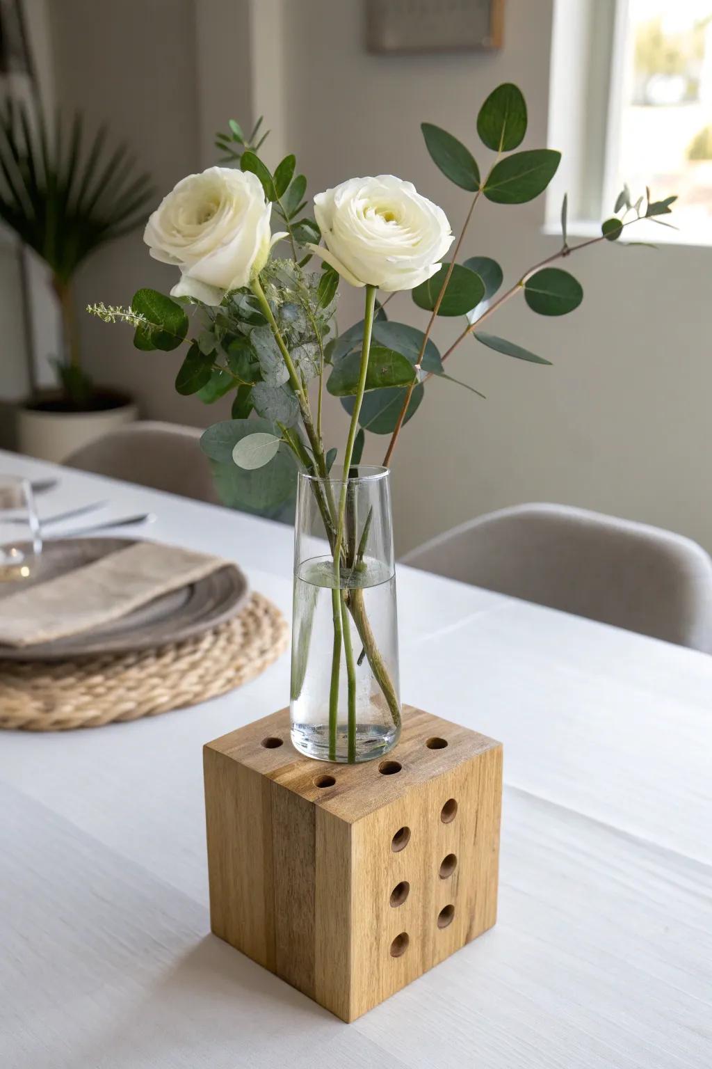 A simple oak test-tube vase—minimal, modern, and perfect on a white dining table.