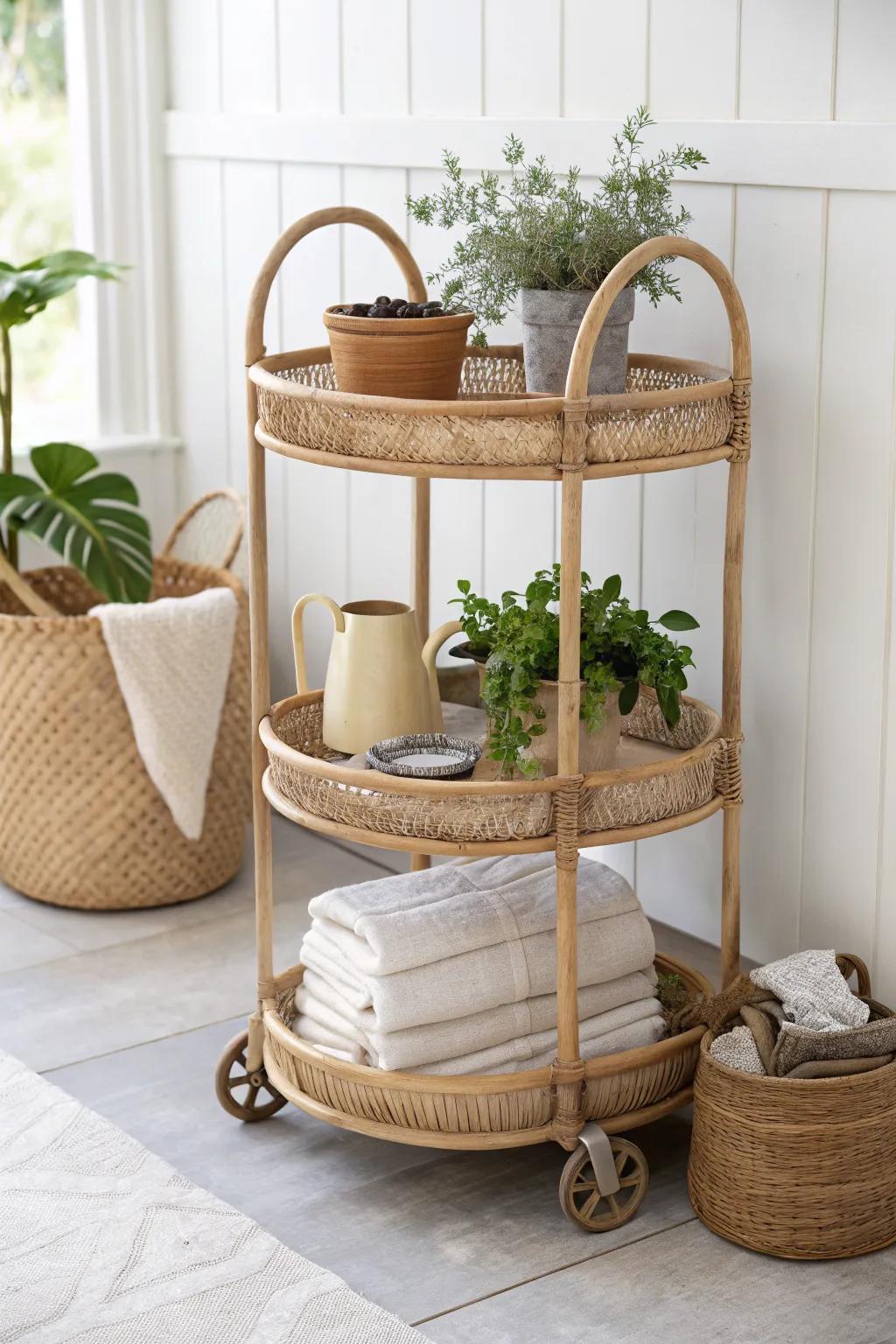 Wicker bar cart, garden-caddy style—watering can, herbs, and crisp linens for summer charm.