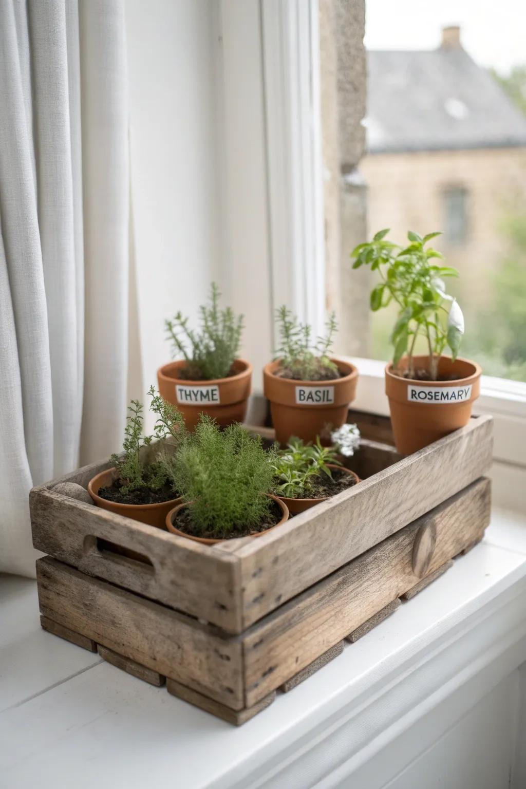 Reclaimed crate market-garden sill: tiny pots, kraft labels, and sunlit rustic charm.