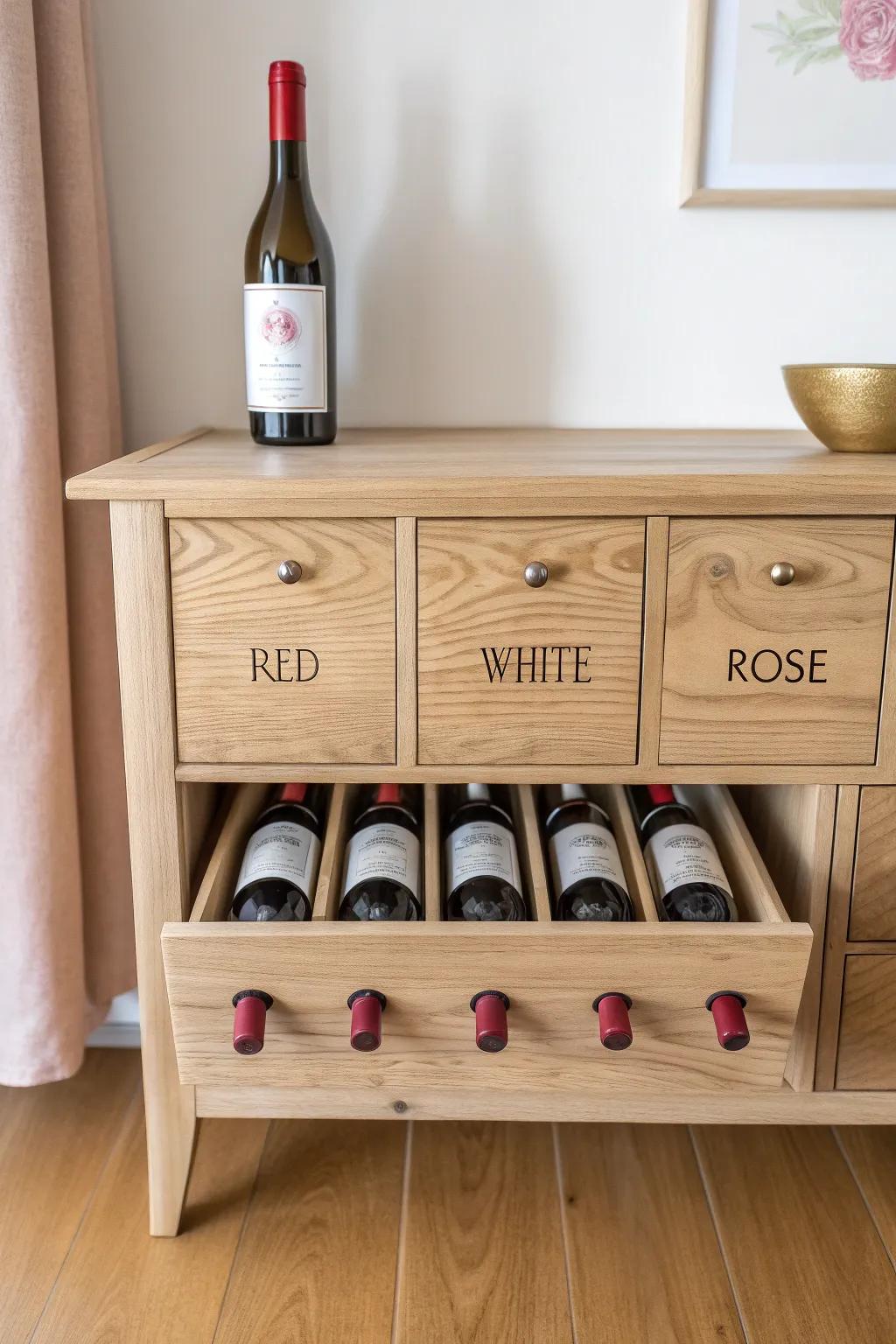 Upcycled drawers become a sleek wine cabinet—labeled, bottle-ready, and beautifully organized.