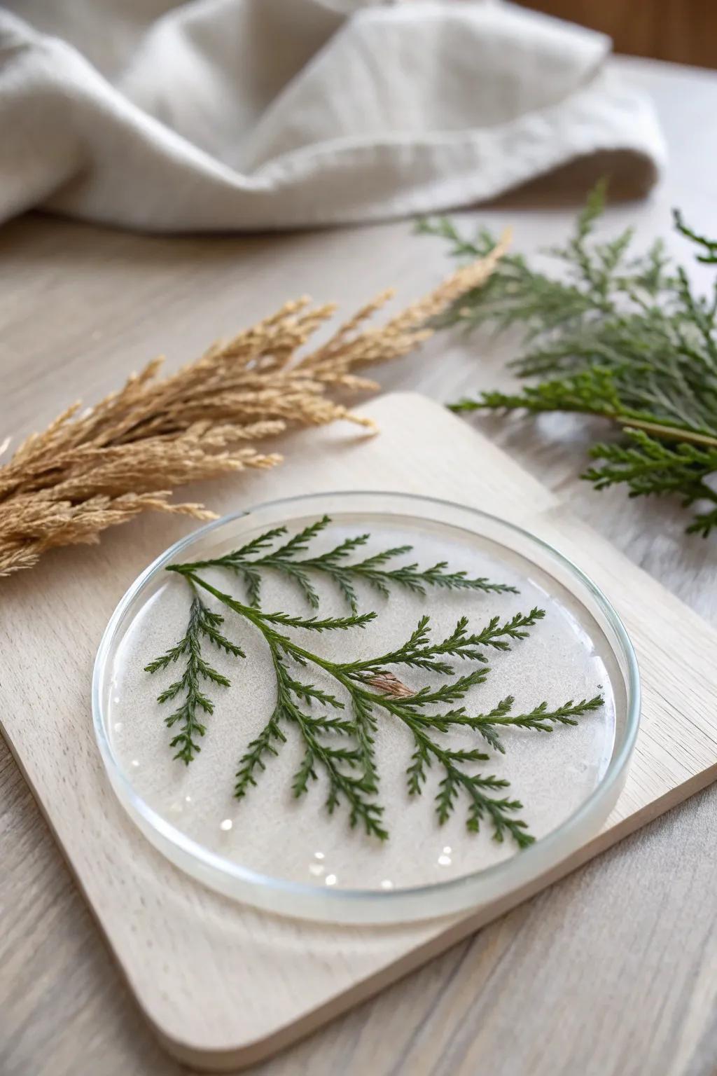 Frozen-in-resin cedar coasters bring a handcrafted winter wow to your minimalist table.